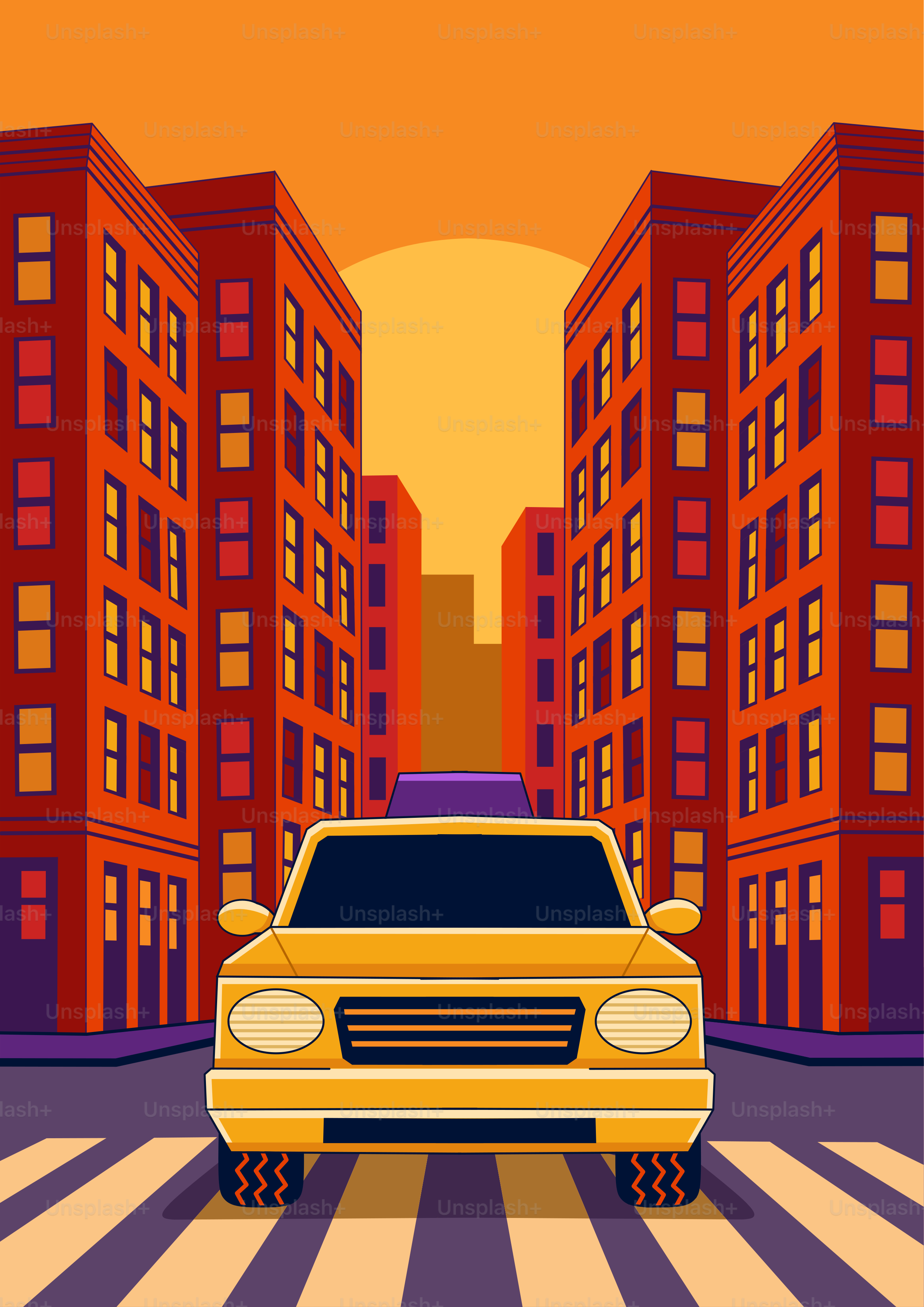 Yellow taxi driving down a city street at sunset.