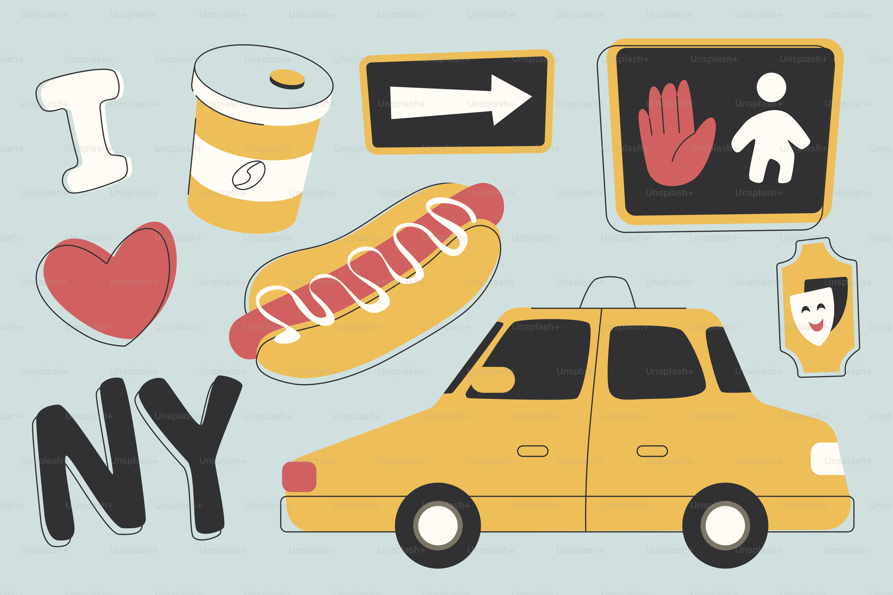 Iconos de la ciudad de Nueva York: taxi, perrito caliente, café y carteles