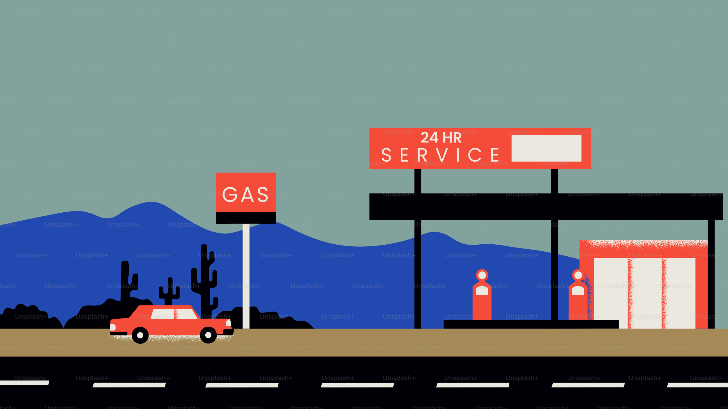 Red car drives past desert gas station