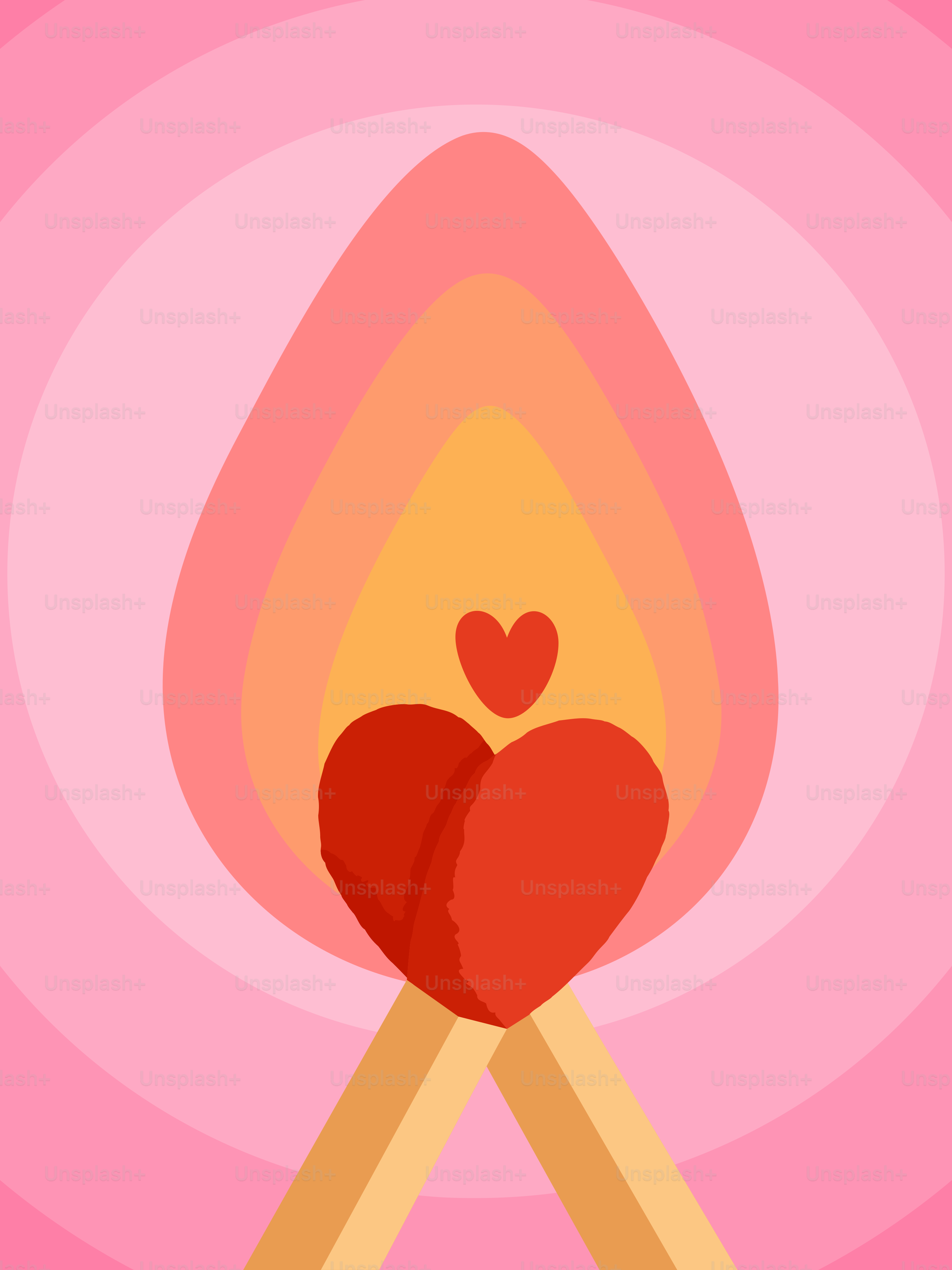 Dois fósforos acendendo corações em um fundo rosa