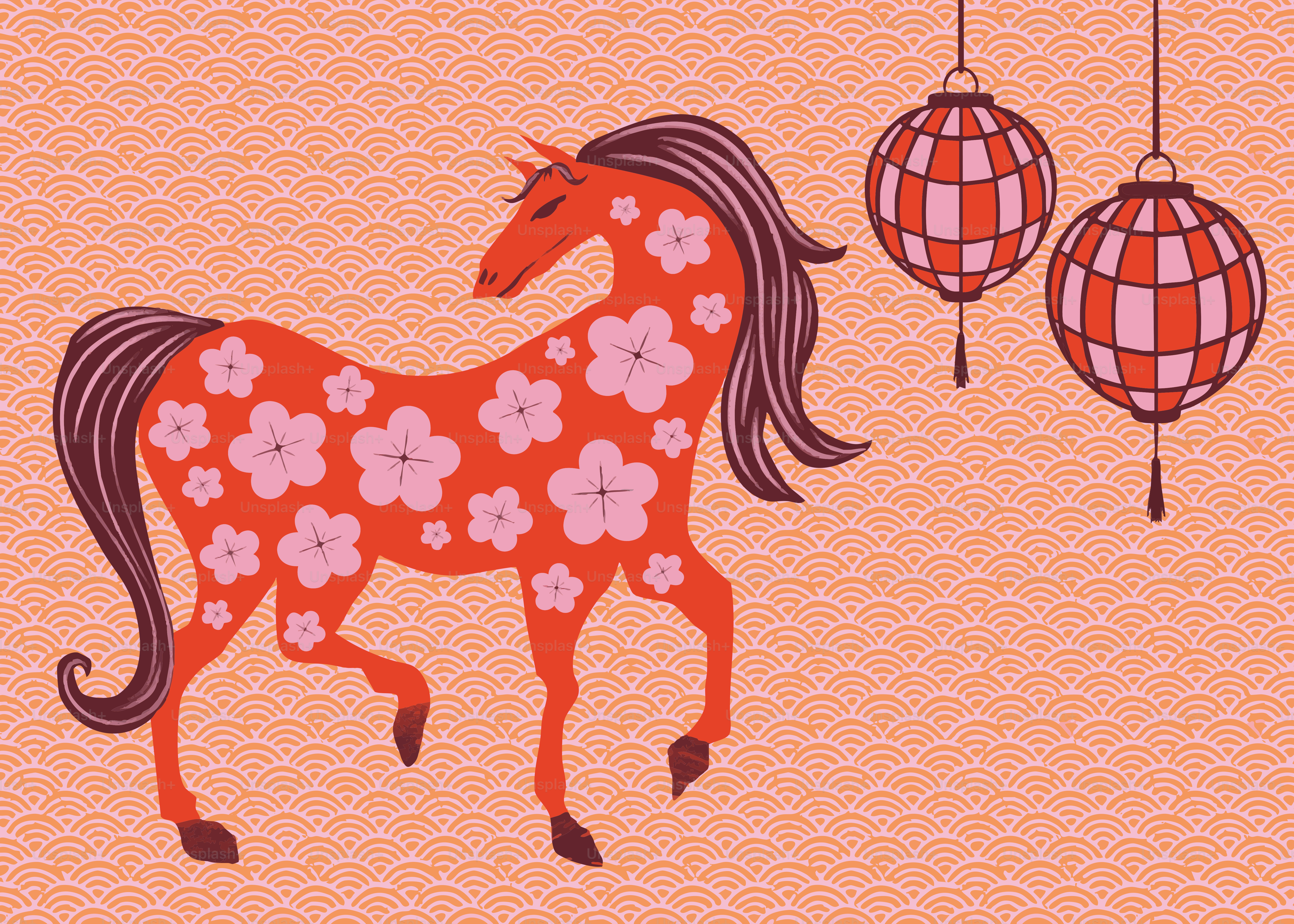 A red horse with flowers and lanterns