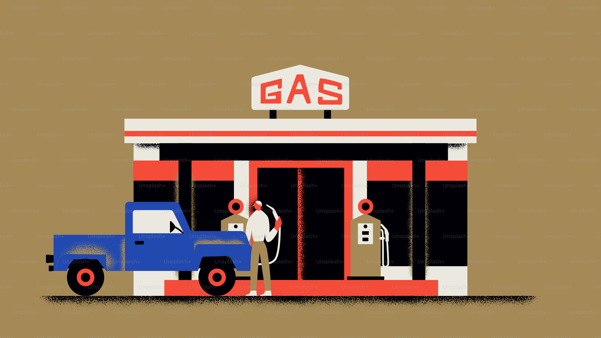 Man filling gas in blue pickup truck at station.