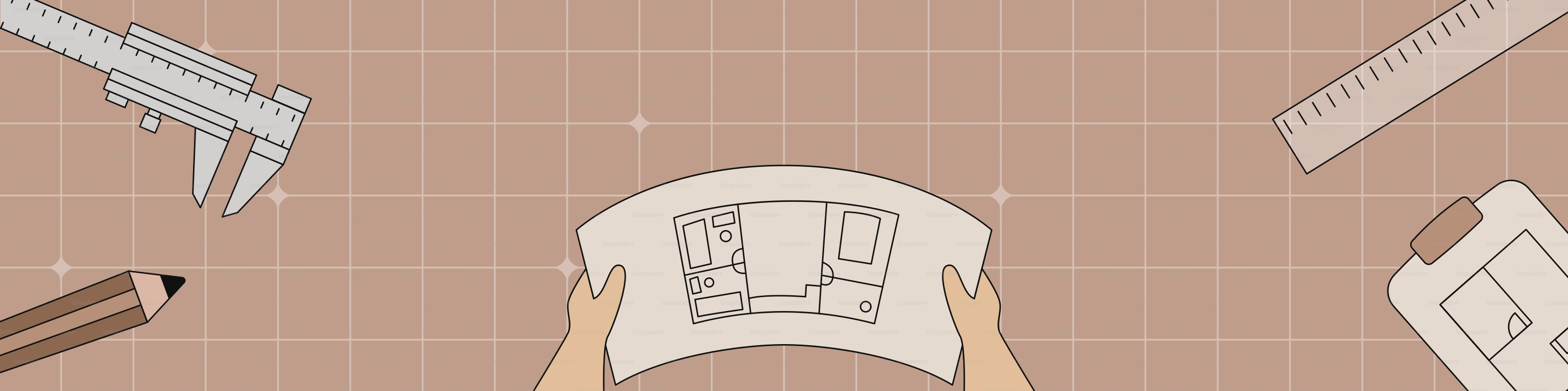 Hands holding blueprint with drafting tools on grid