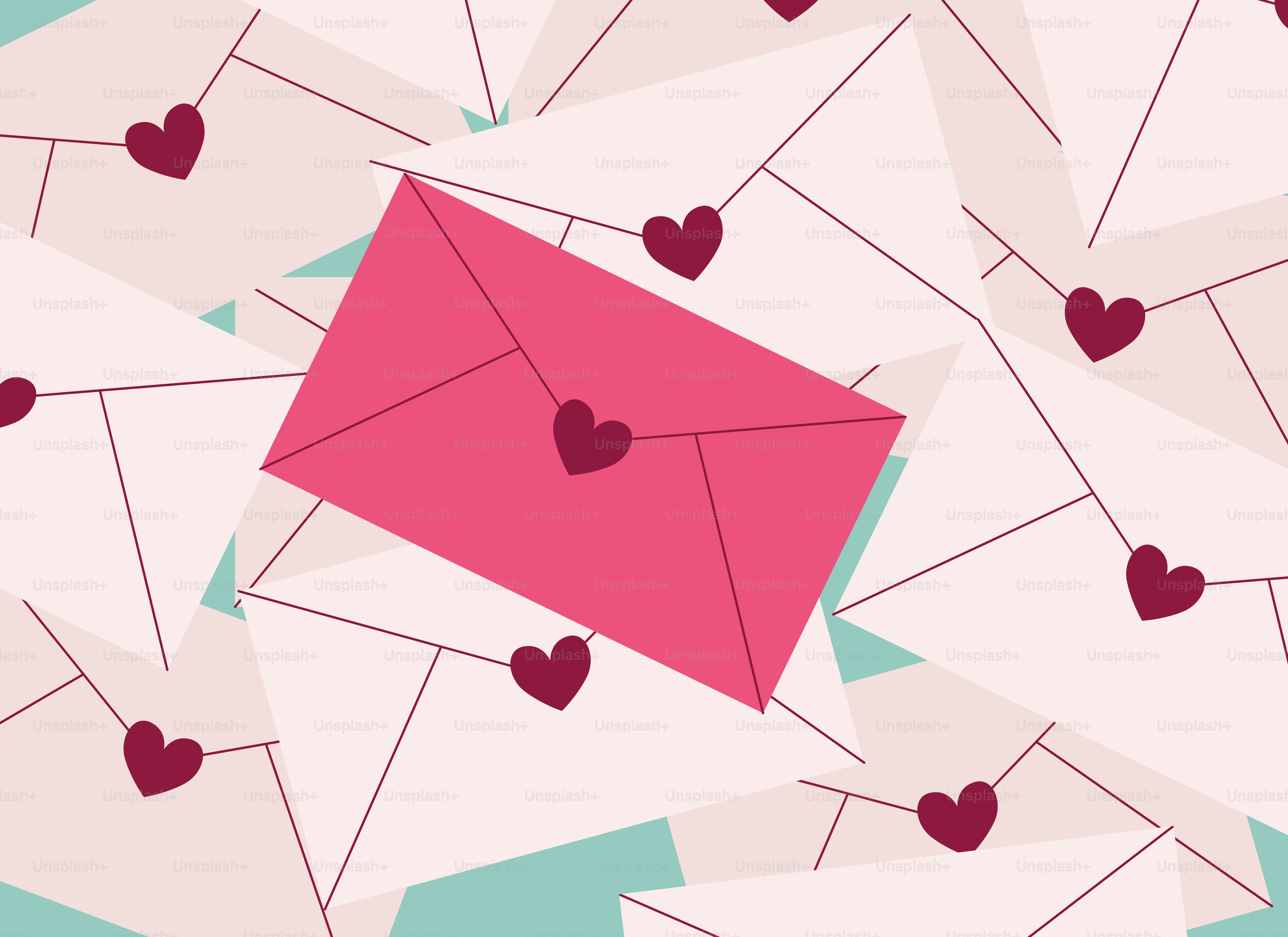 Pink envelope with heart amongst many white envelopes.