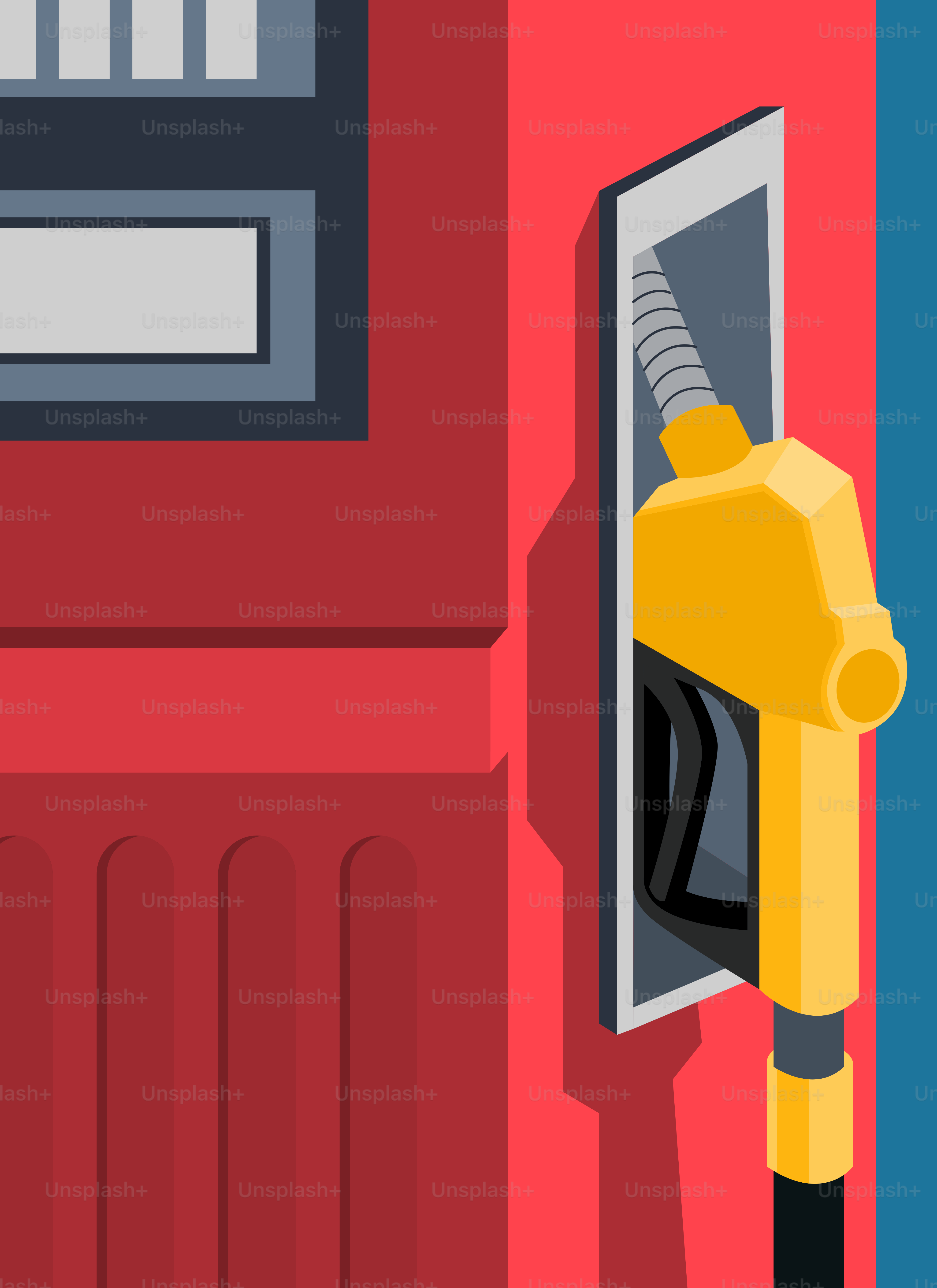 Yellow gas pump nozzle on red station