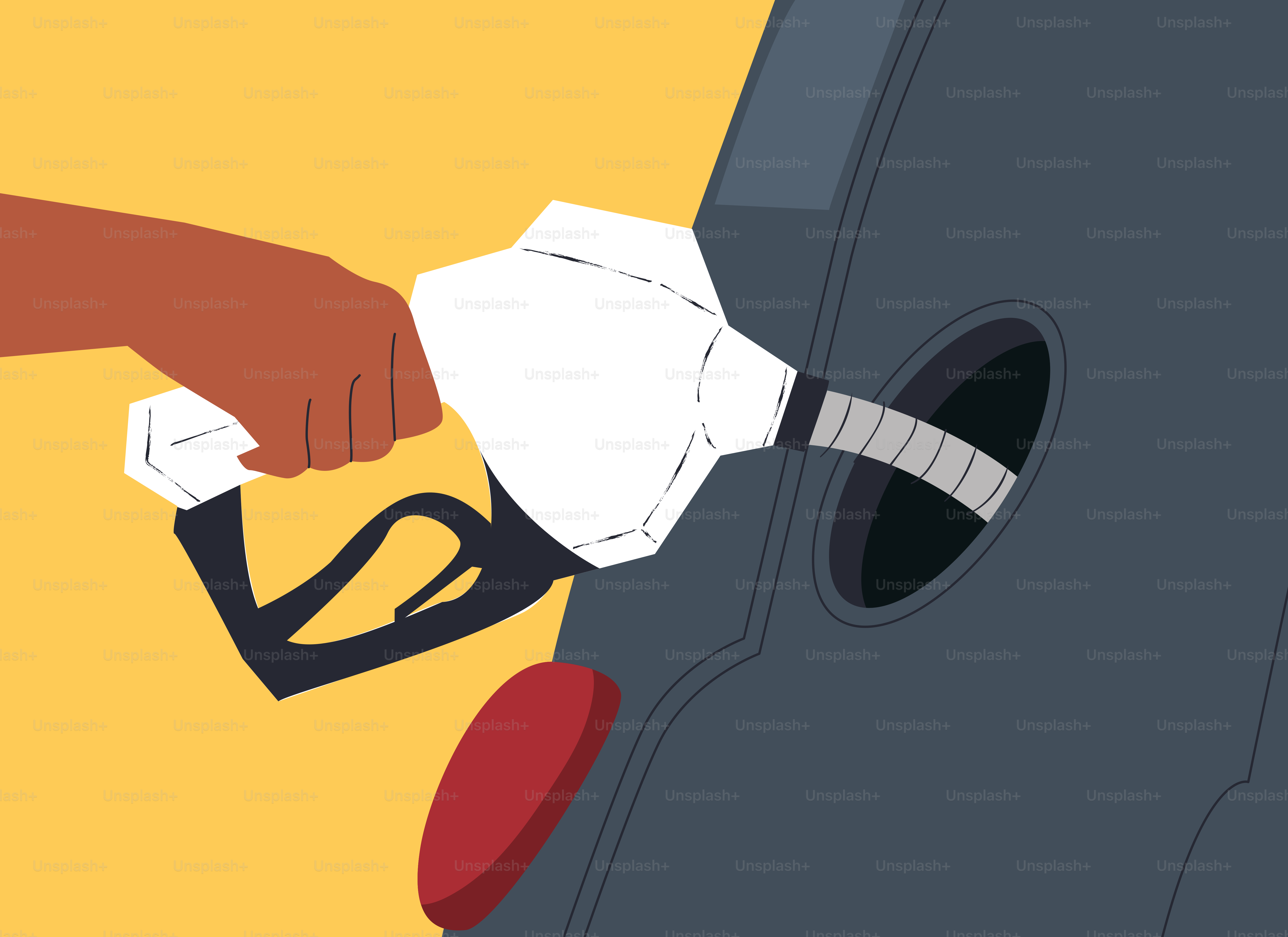 Hand holding a gas pump nozzle filling car