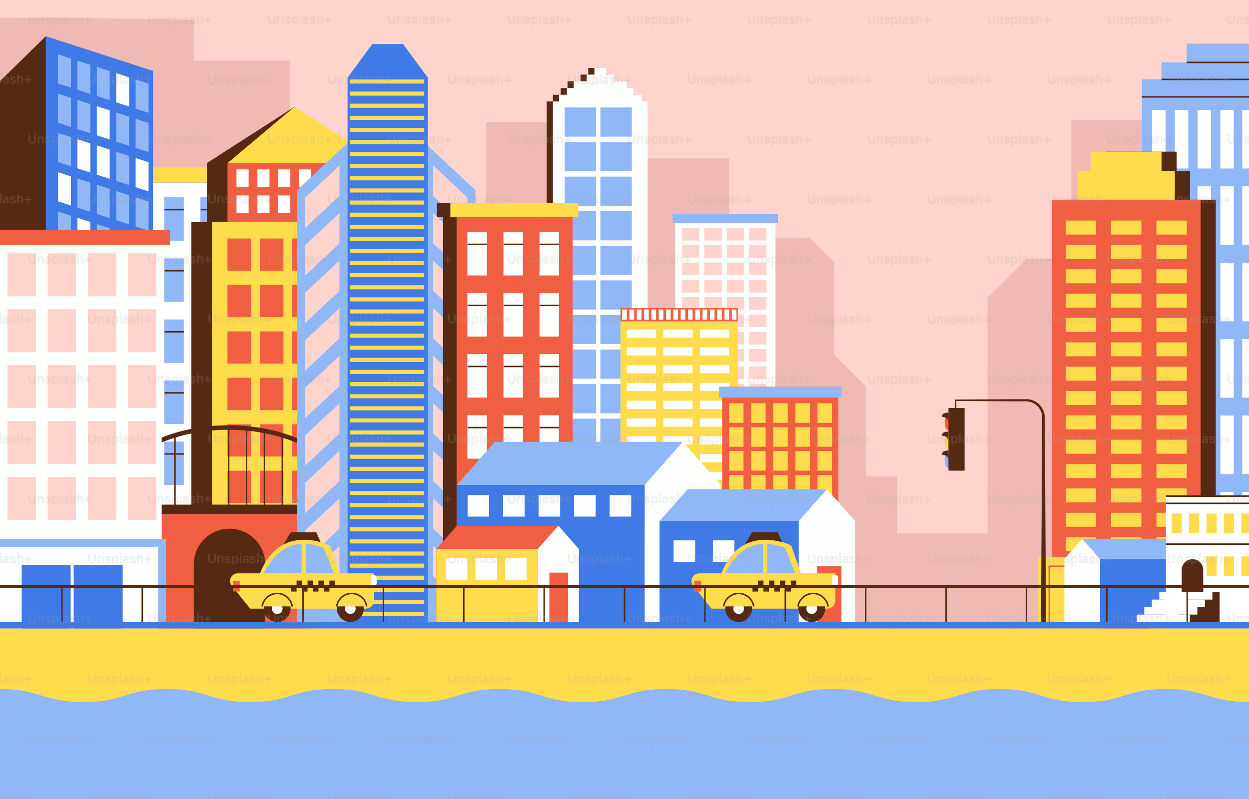 Stylized city skyline with yellow taxis driving.