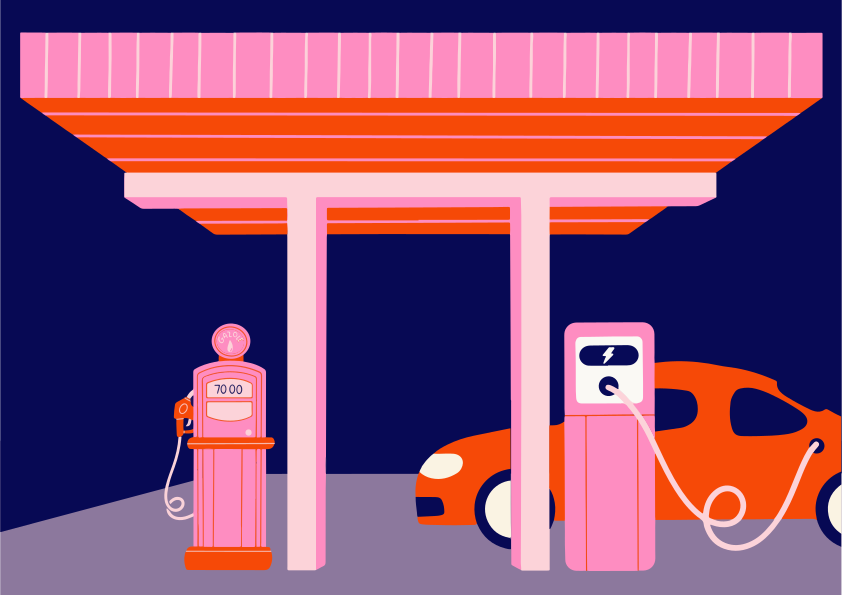 Voiture orange dans une station-service rose la nuit