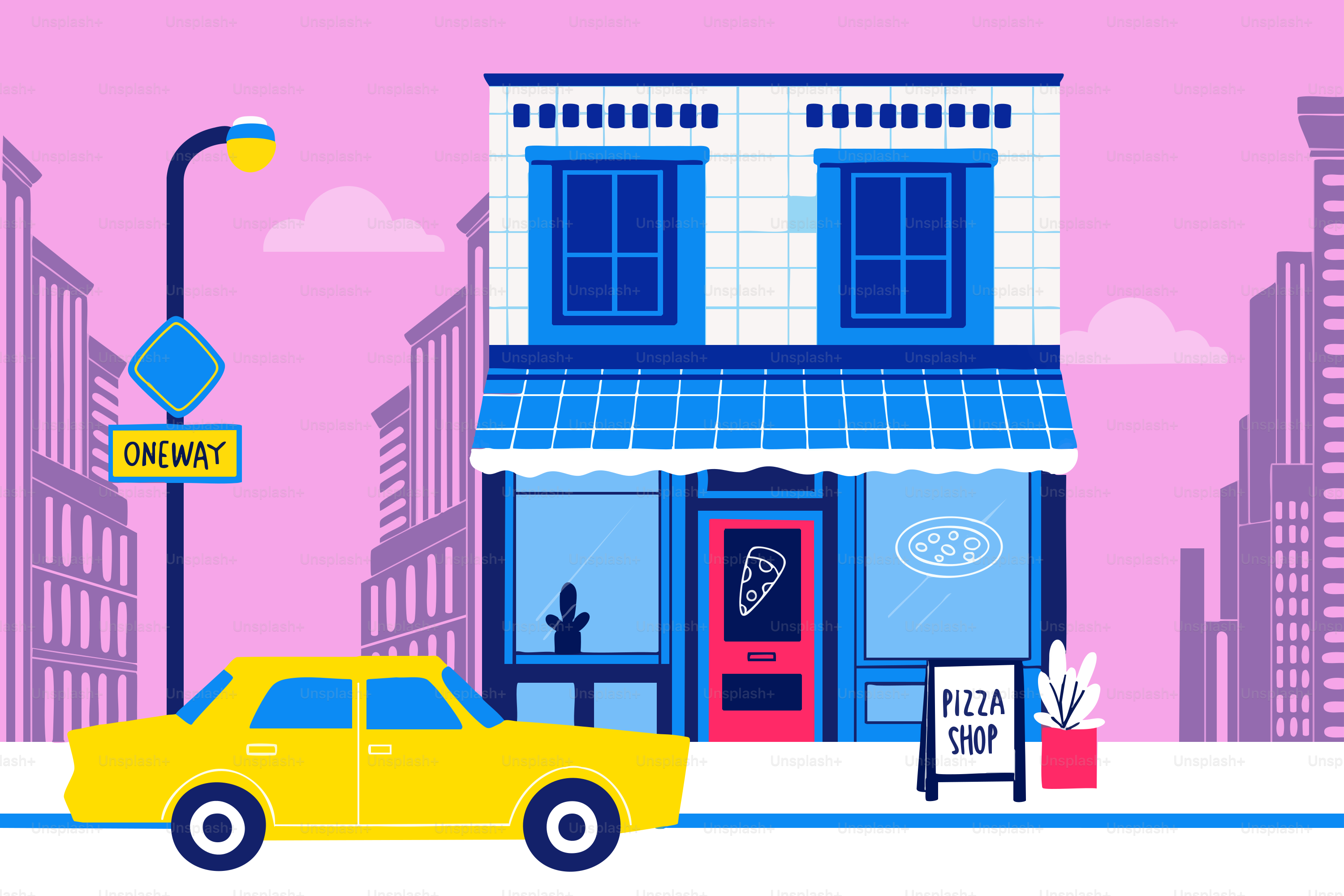 A yellow car drives past a pizza shop building.