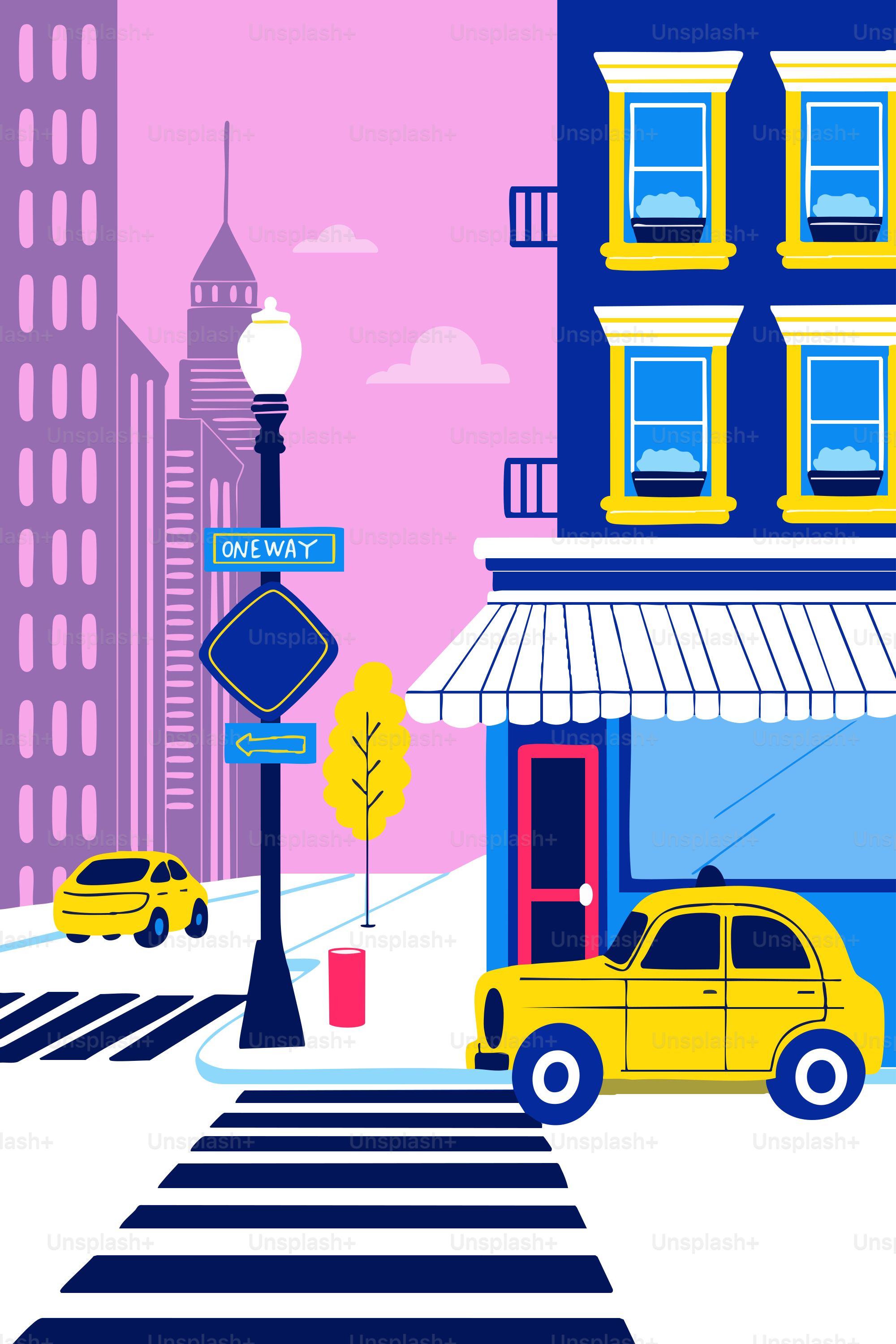 Yellow taxi on a city street with buildings.