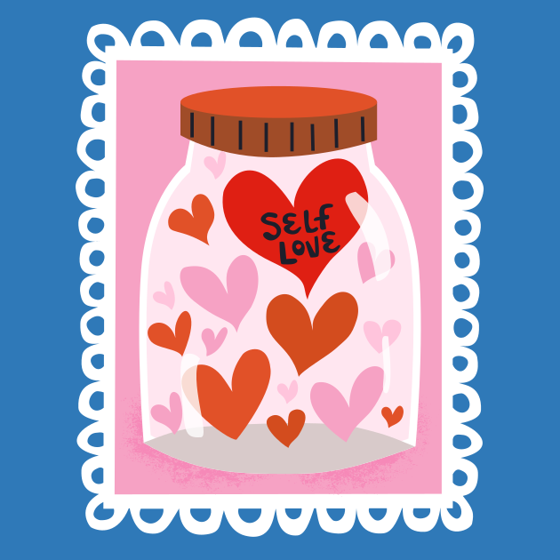 Jar full of hearts labeled self love