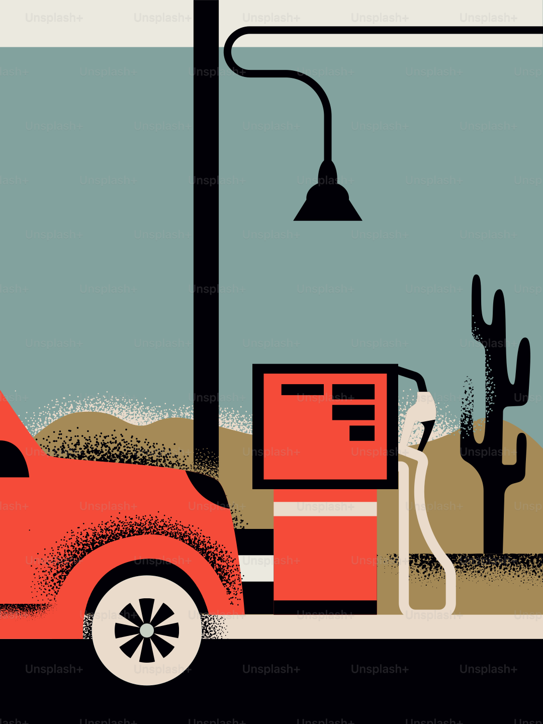 Red car at a desert gas station with cactus.