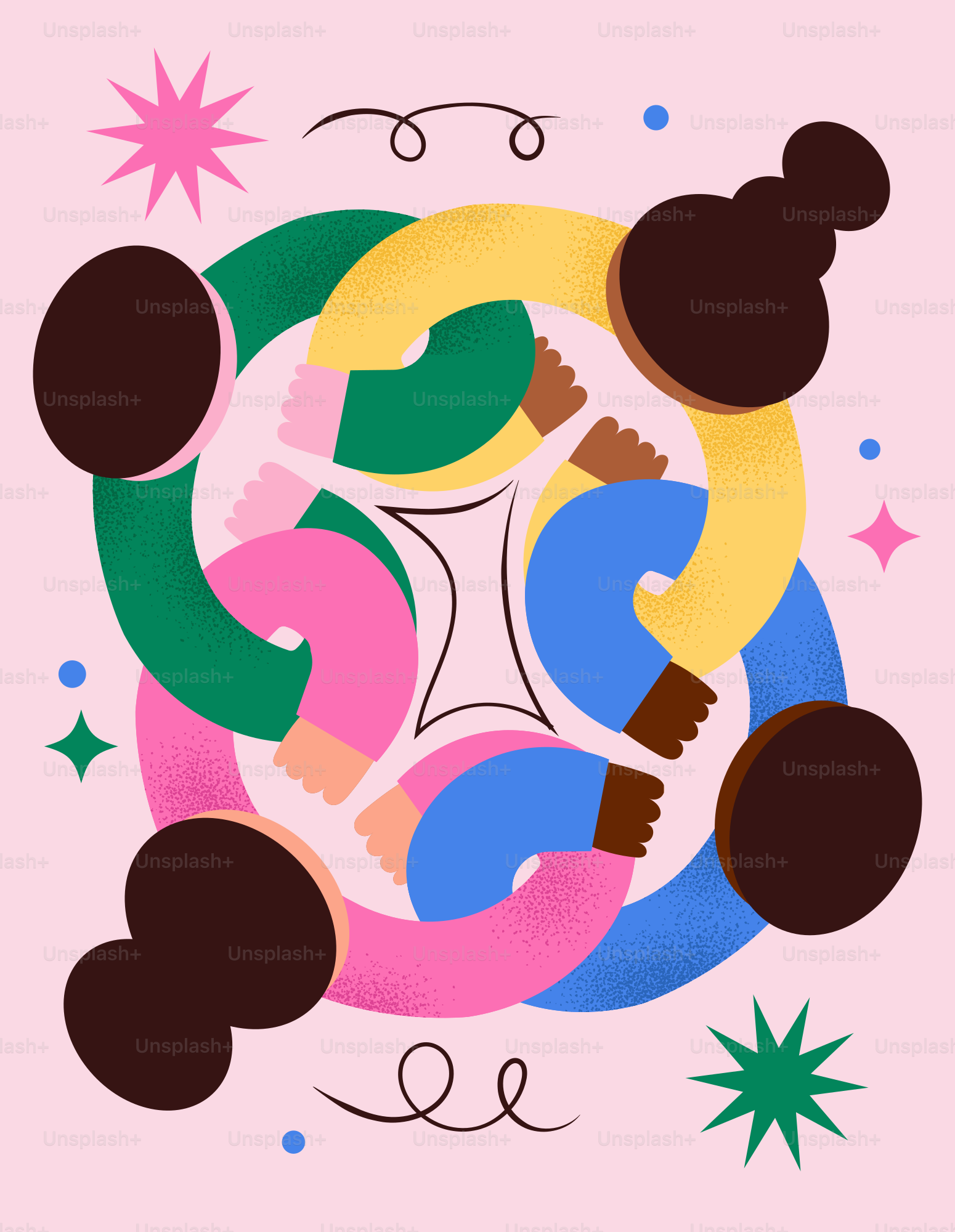 Diverse hands linked together in a circle - Vector Illustration on ...
