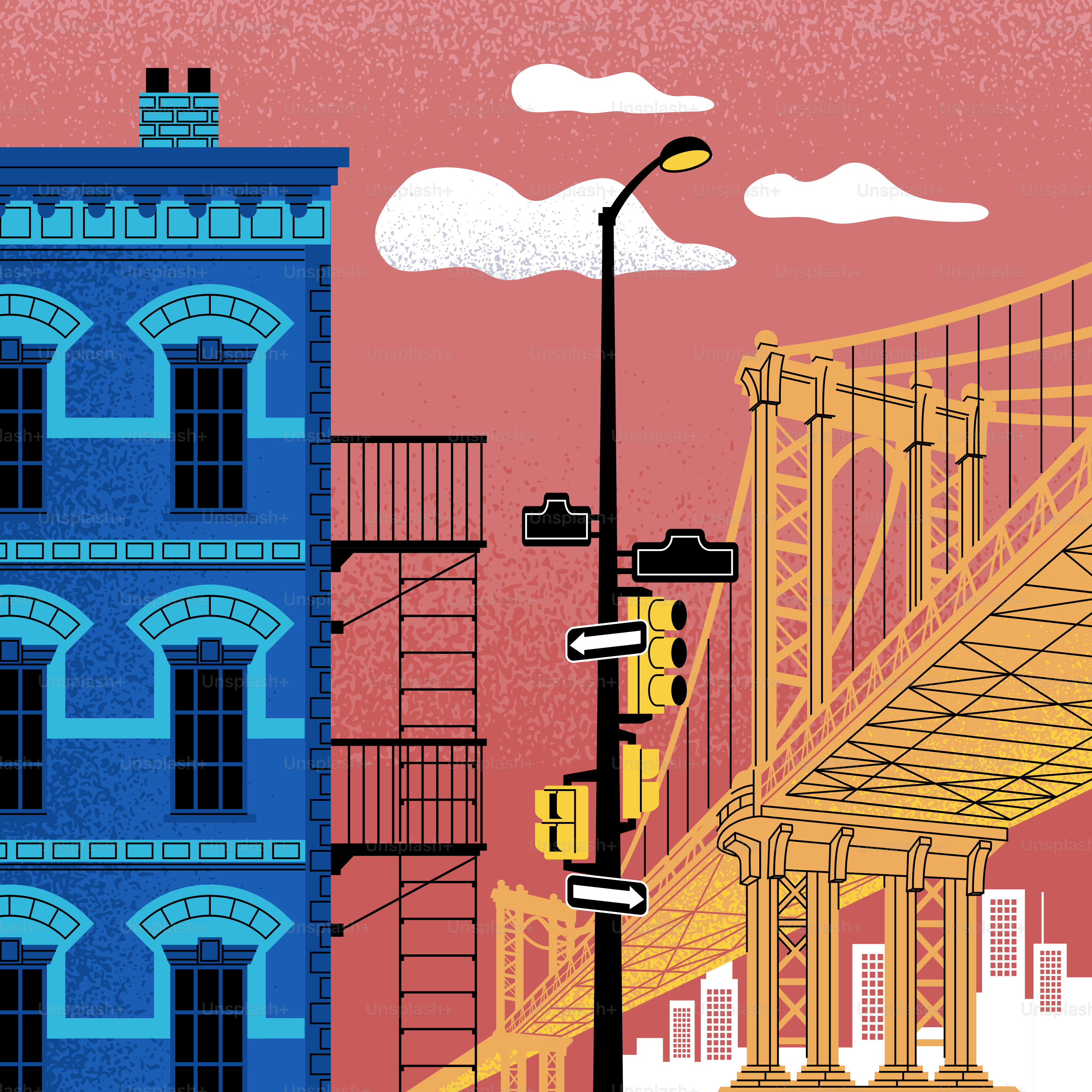 Paisaje urbano con puente, edificio y semáforo.