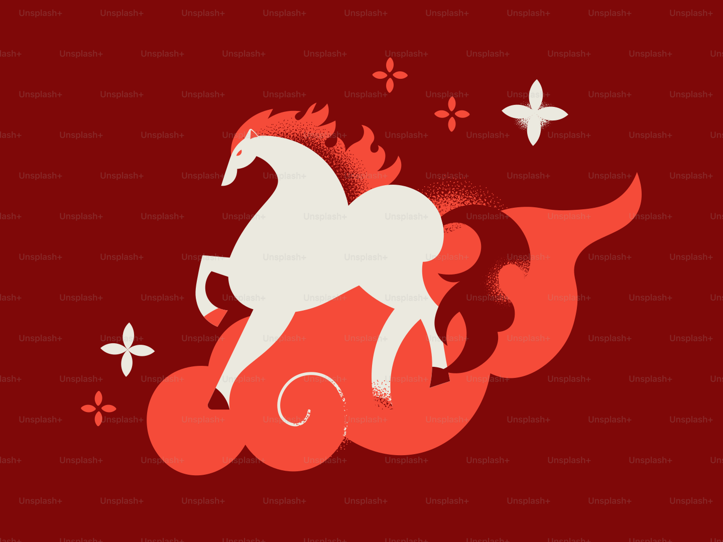 A white horse with fiery mane on red background