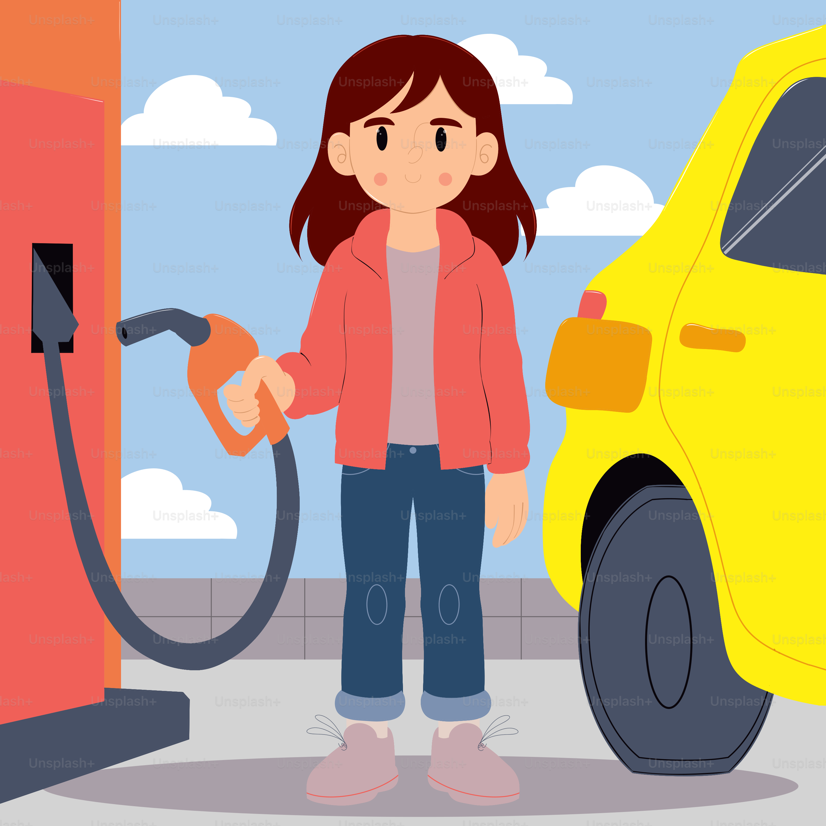 Woman filling gas into yellow car at station.