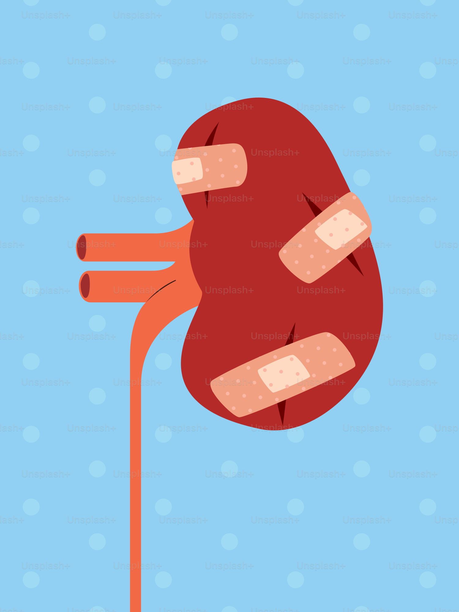 Un riñón rojo con vendas sobre fondo azul.