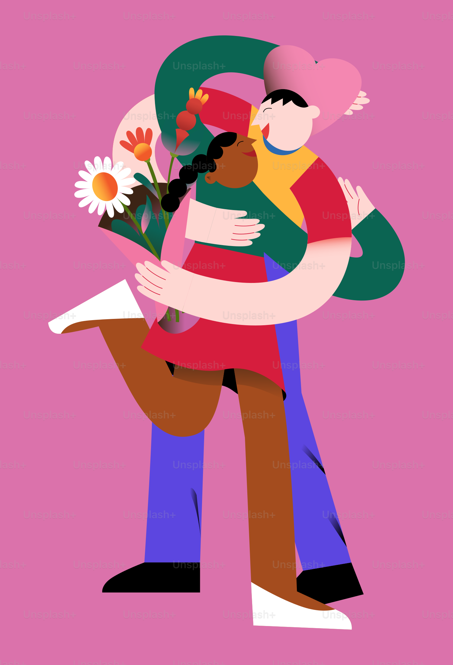 Couple embracing with flowers and heart on pink background