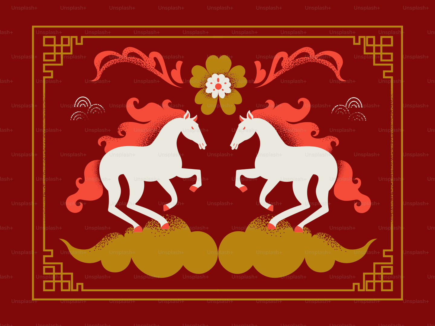 Two white horses on golden clouds with floral designs.