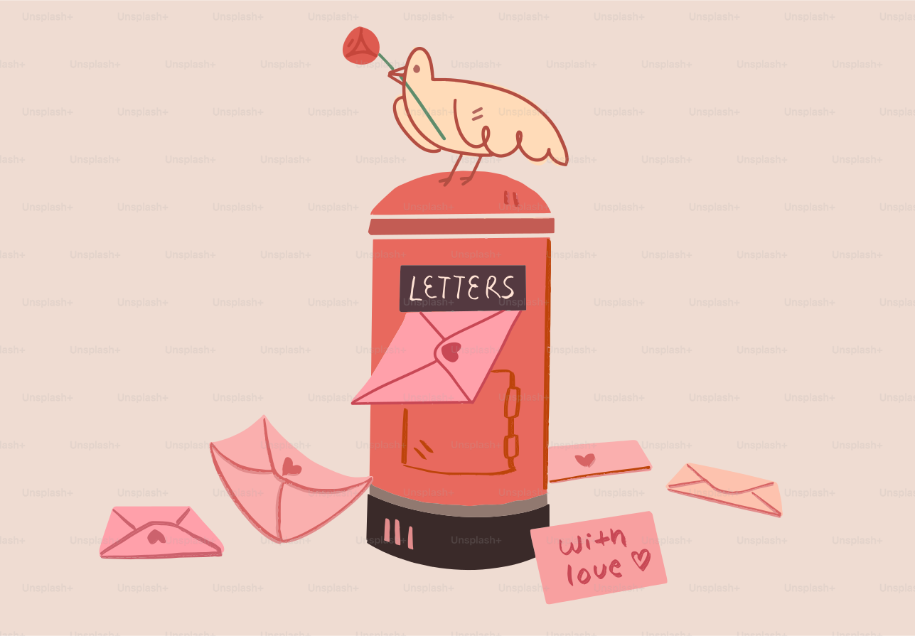 Bird with rose on mailbox with letters.