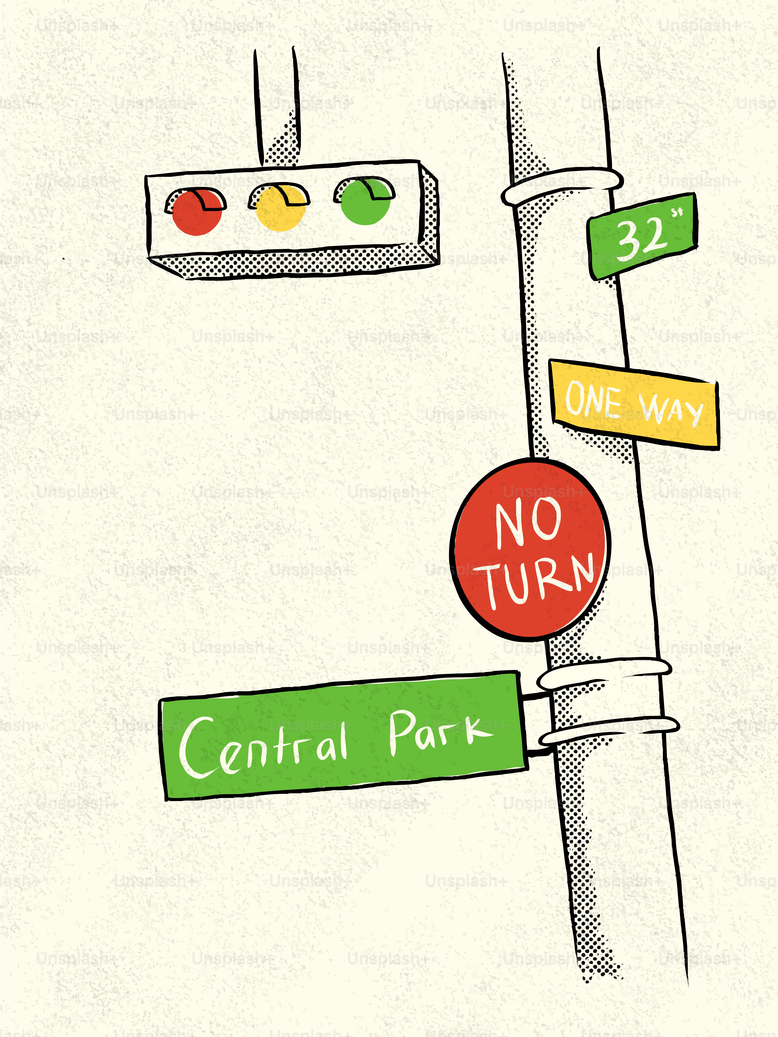 Traffic signals and street signs on pole