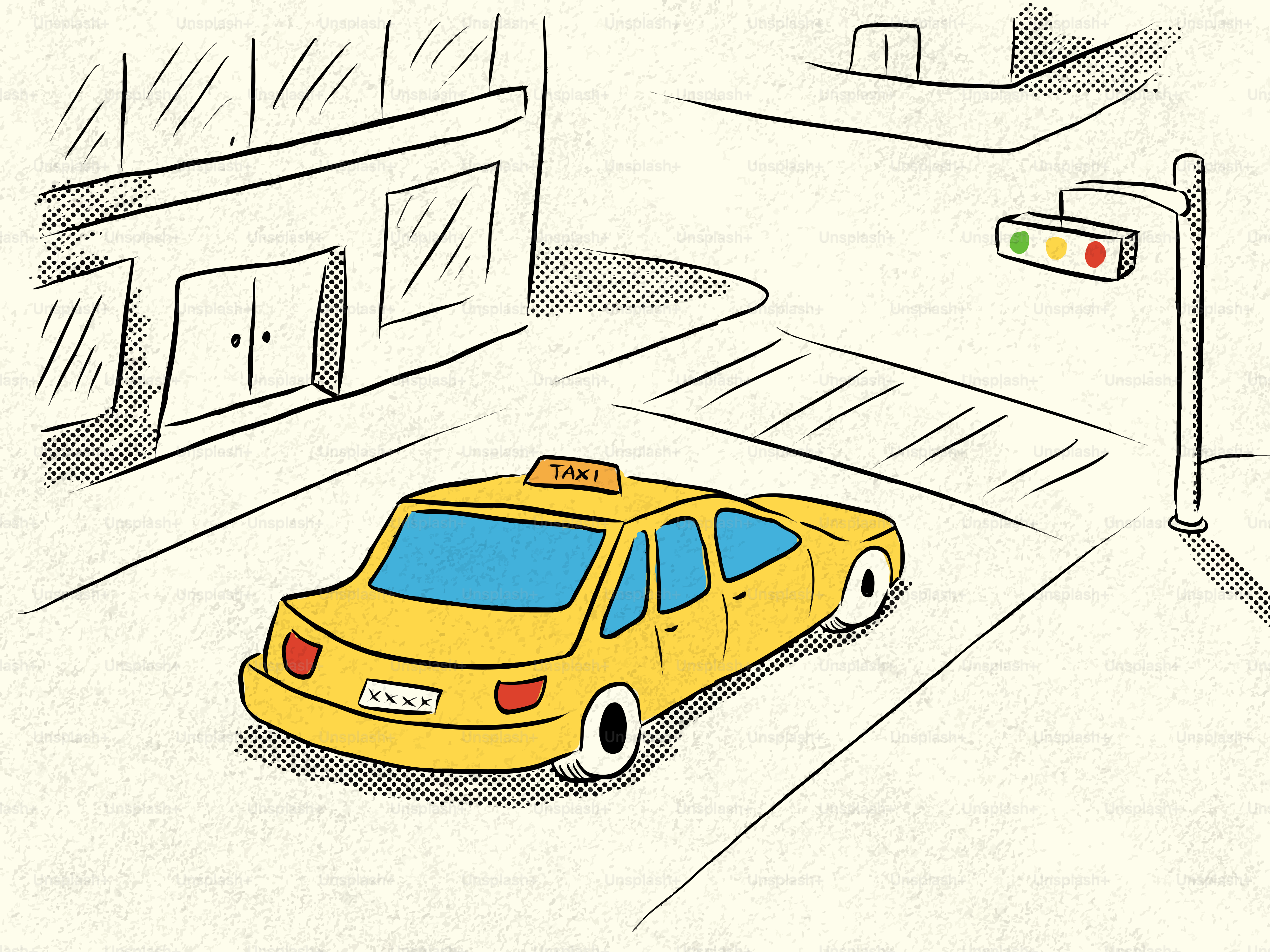A yellow taxi waits at a city intersection.