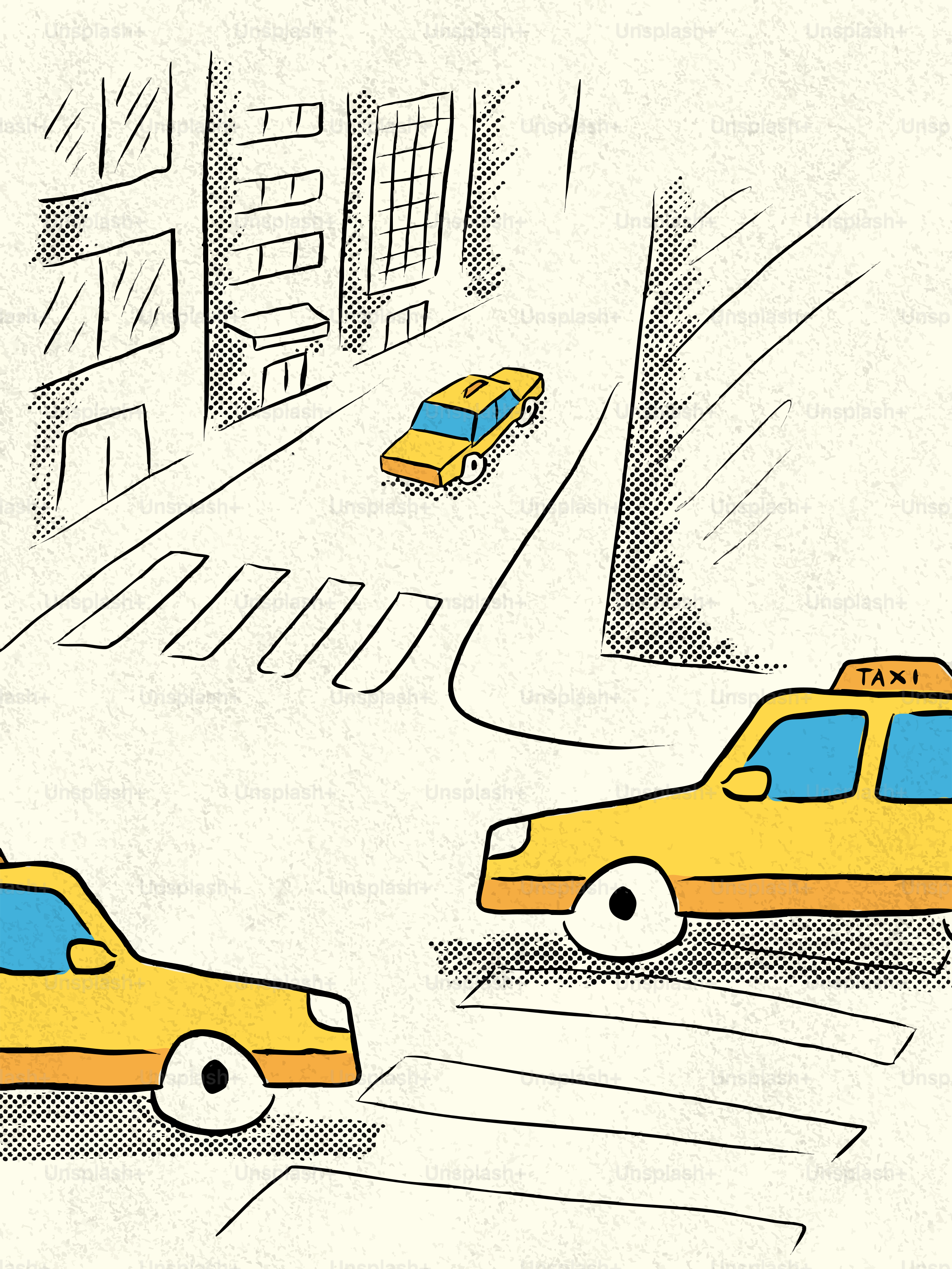Des taxis jaunes circulent dans une rue de la ville.