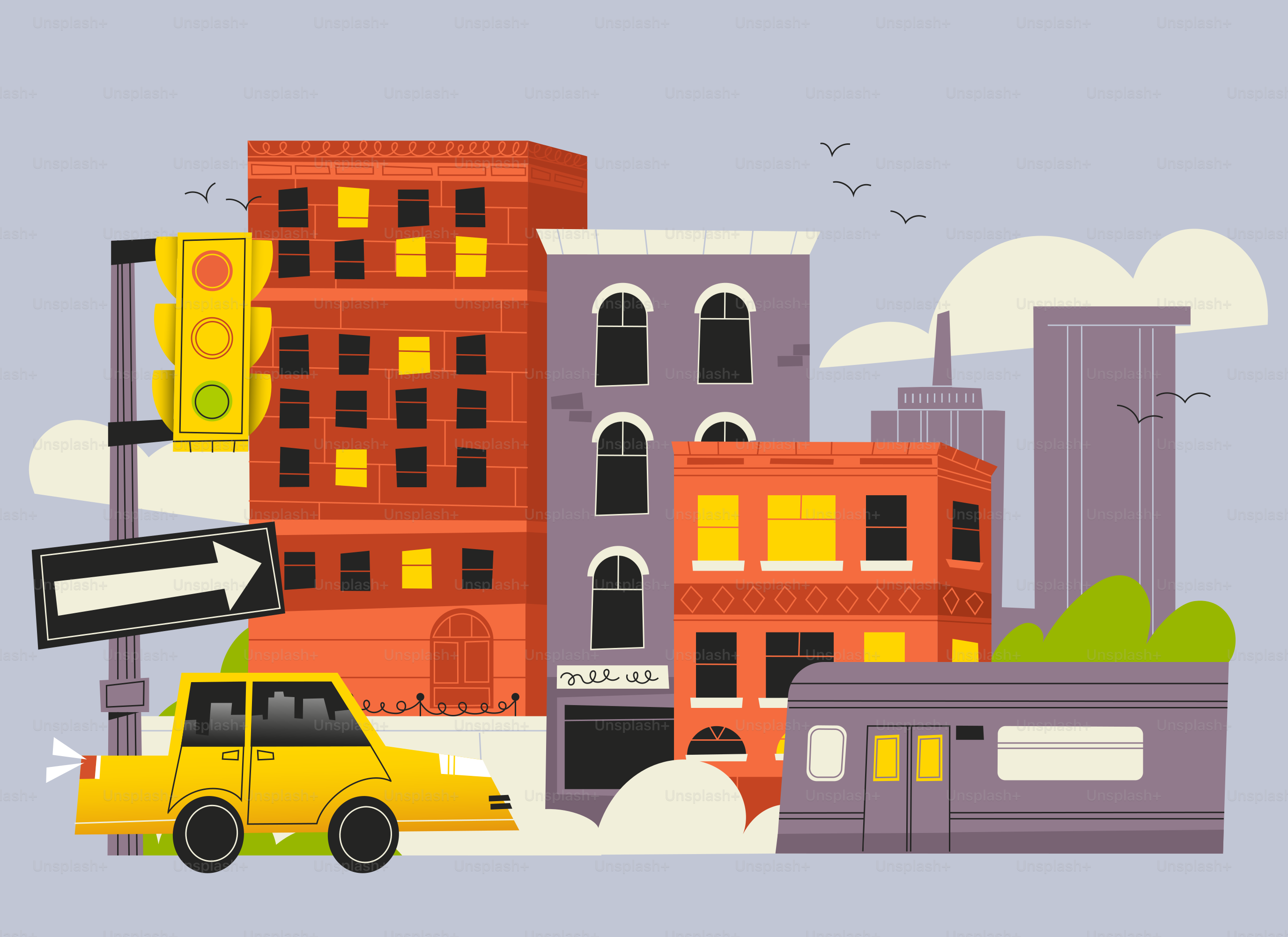 Yellow taxi drives past city buildings and traffic light.