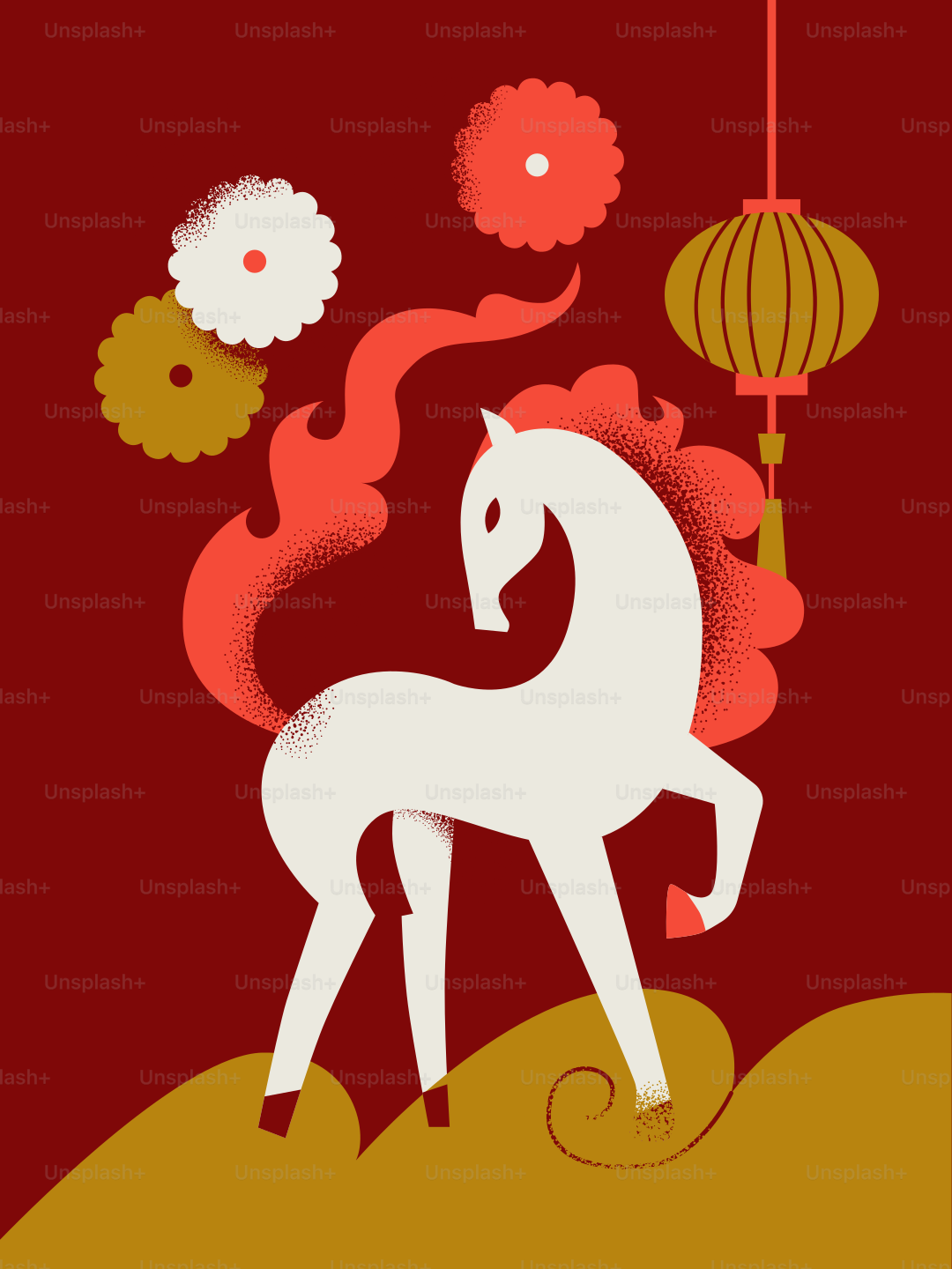 A white horse with a fiery mane on red background.