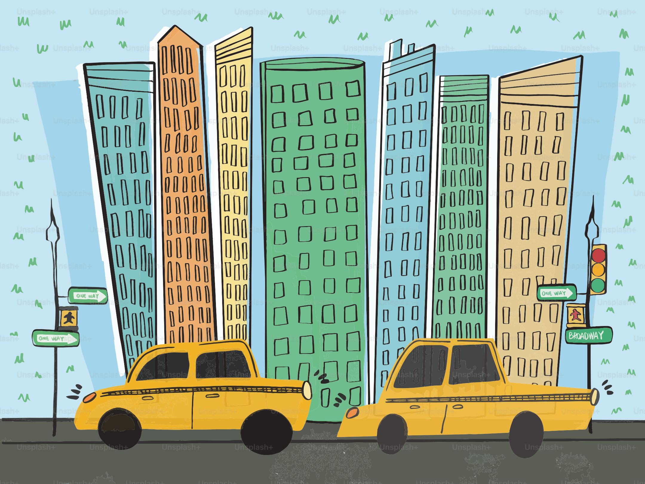 Yellow taxis in front of colorful city buildings