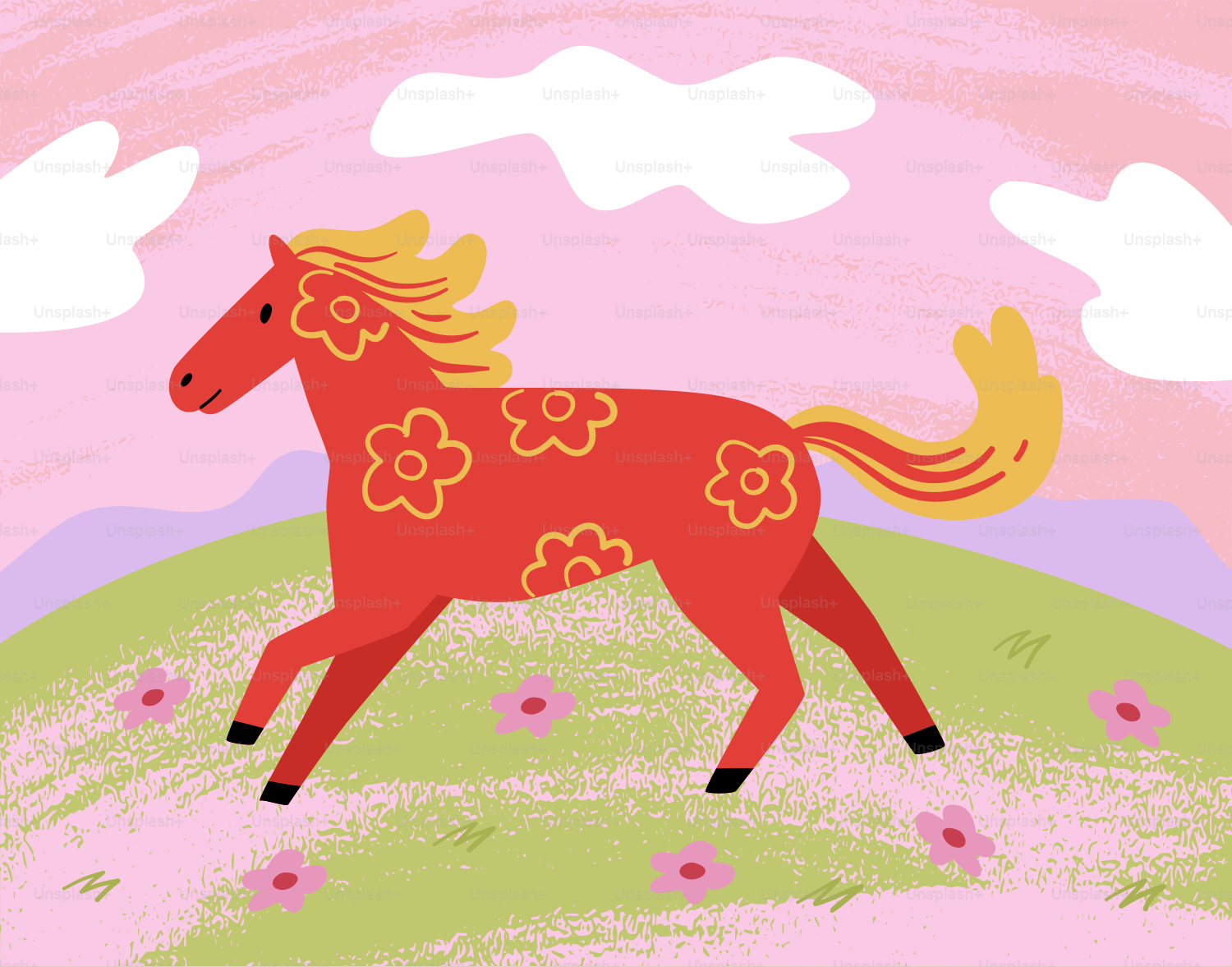 Un cheval rouge orné de fleurs court dans un champ.