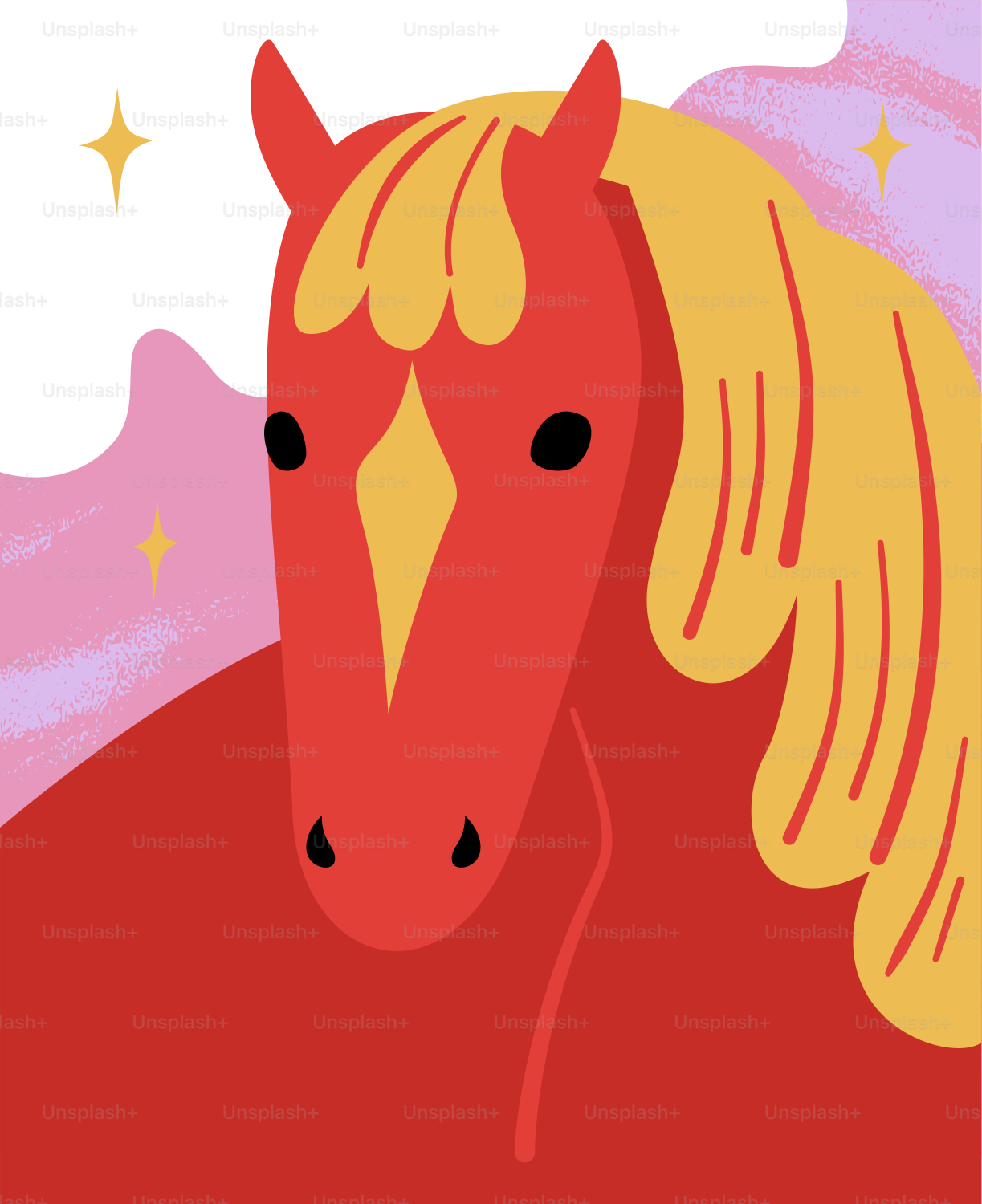 Stylized red horse with a yellow mane and stars.