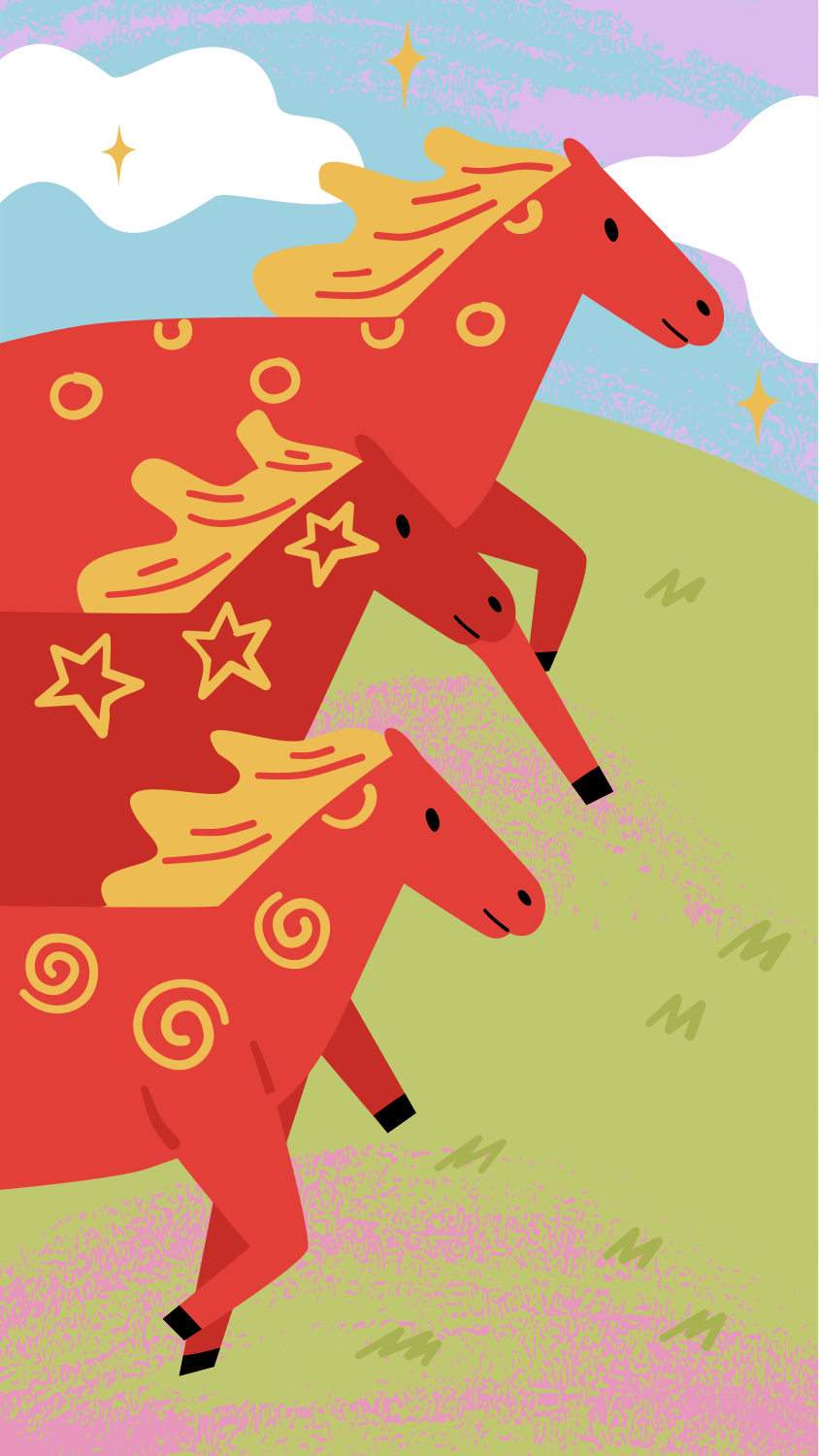 Trois chevaux rouges à la crinière jaune courant