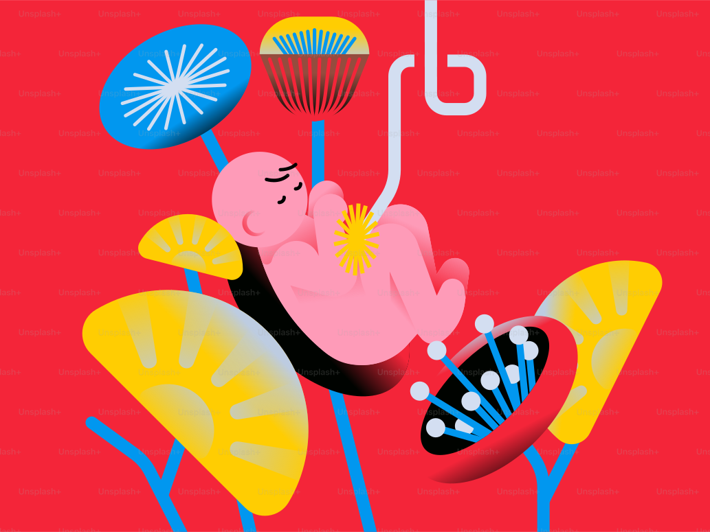 Stylized baby suspended amidst abstract colorful shapes