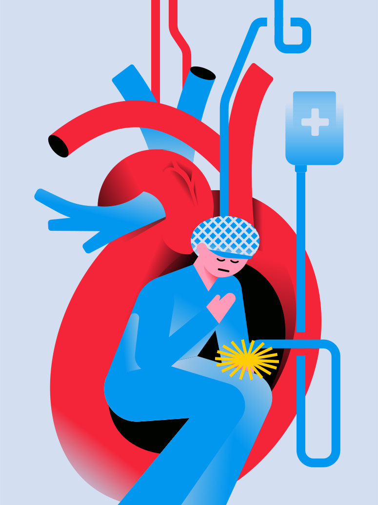 Person with chest pain near a large heart illustration.