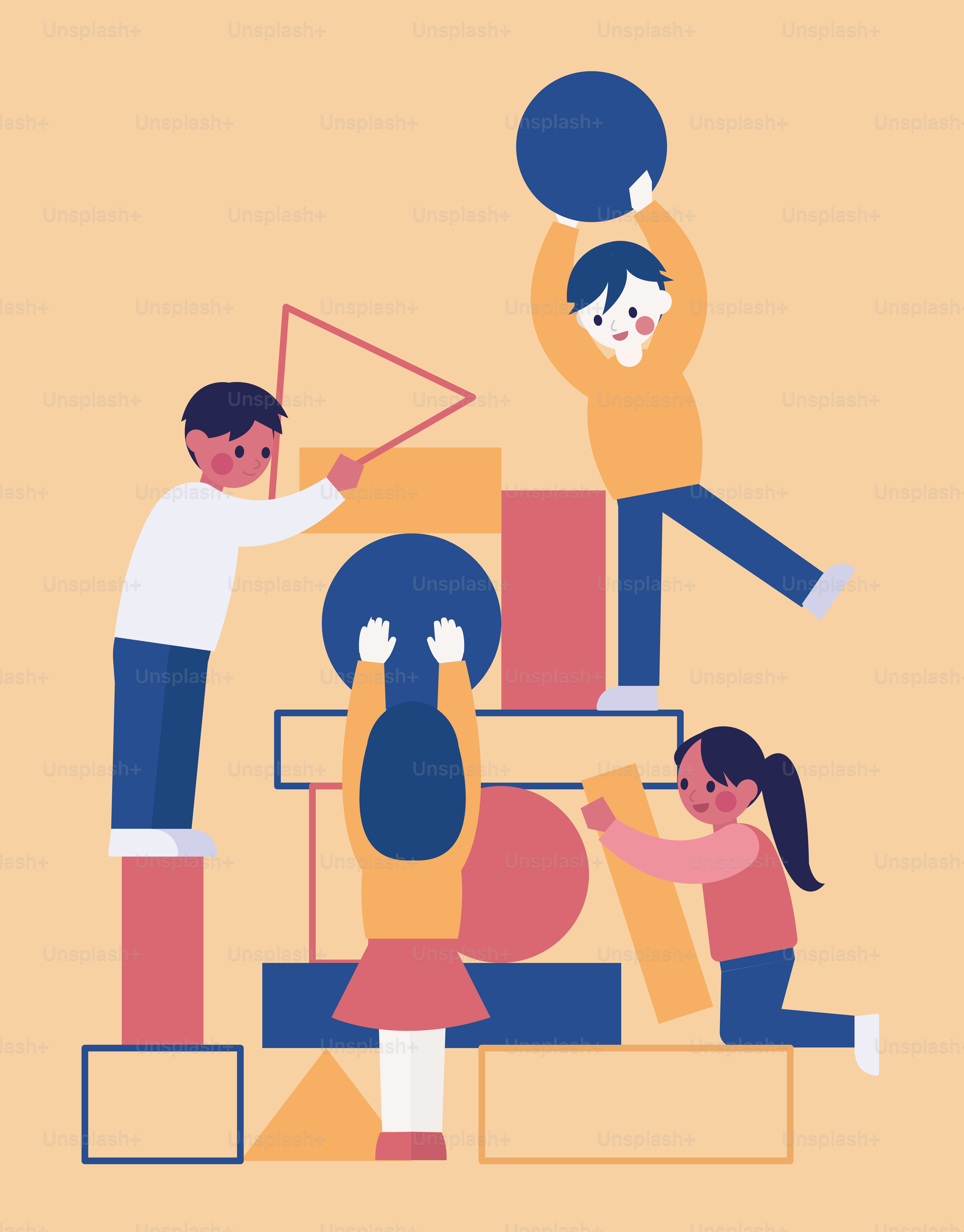 Children building a tower with colorful blocks