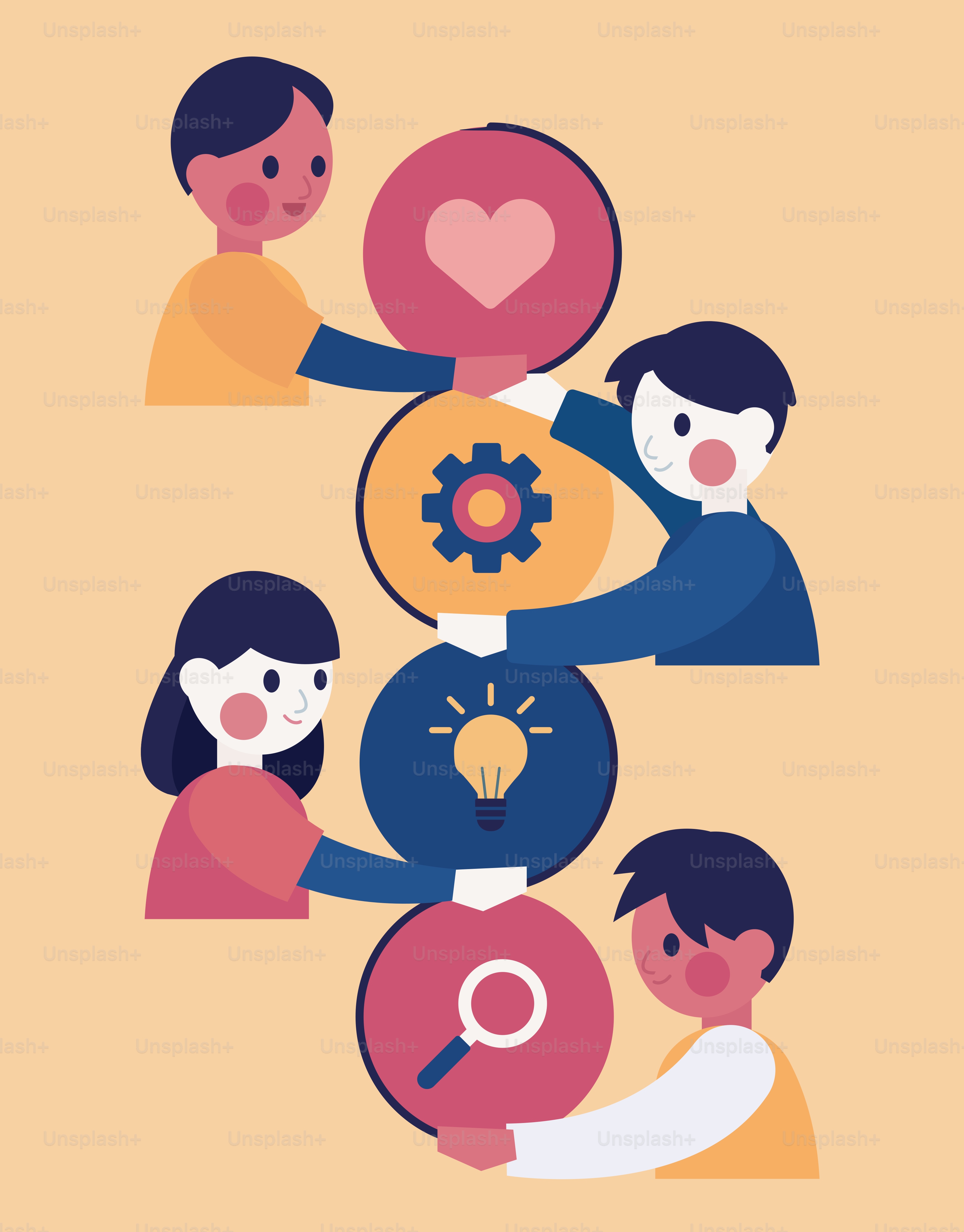 Des gens construisant une tour d’idées et de collaboration.