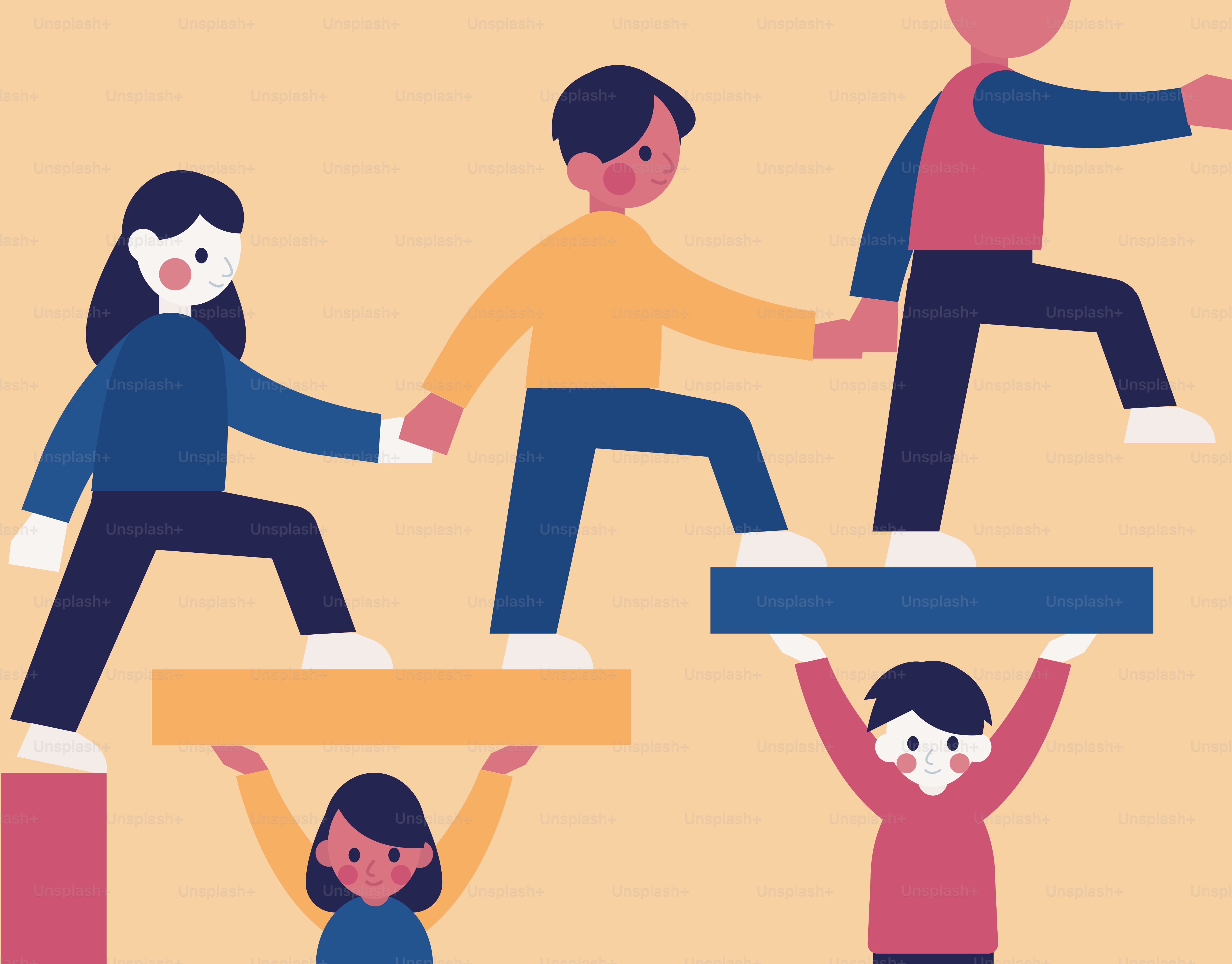 People helping each other climb steps