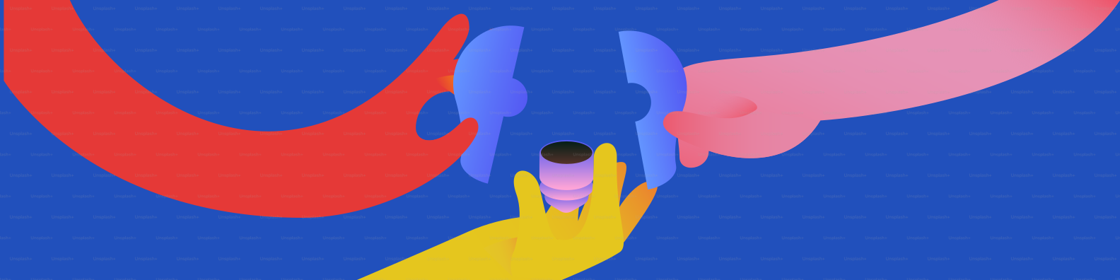 Colorful abstract hands reaching for a small object.