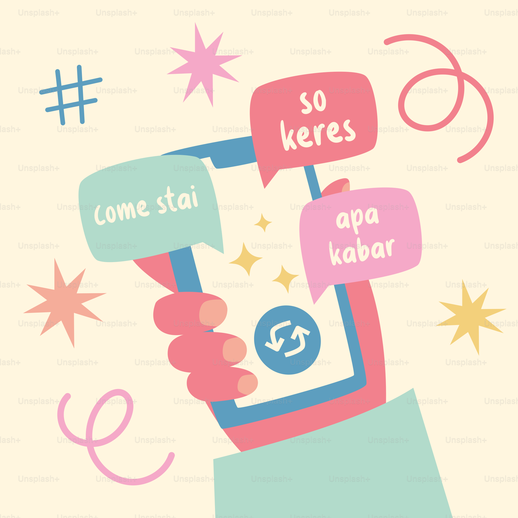 Hand holding phone with chat bubbles and sparkles.