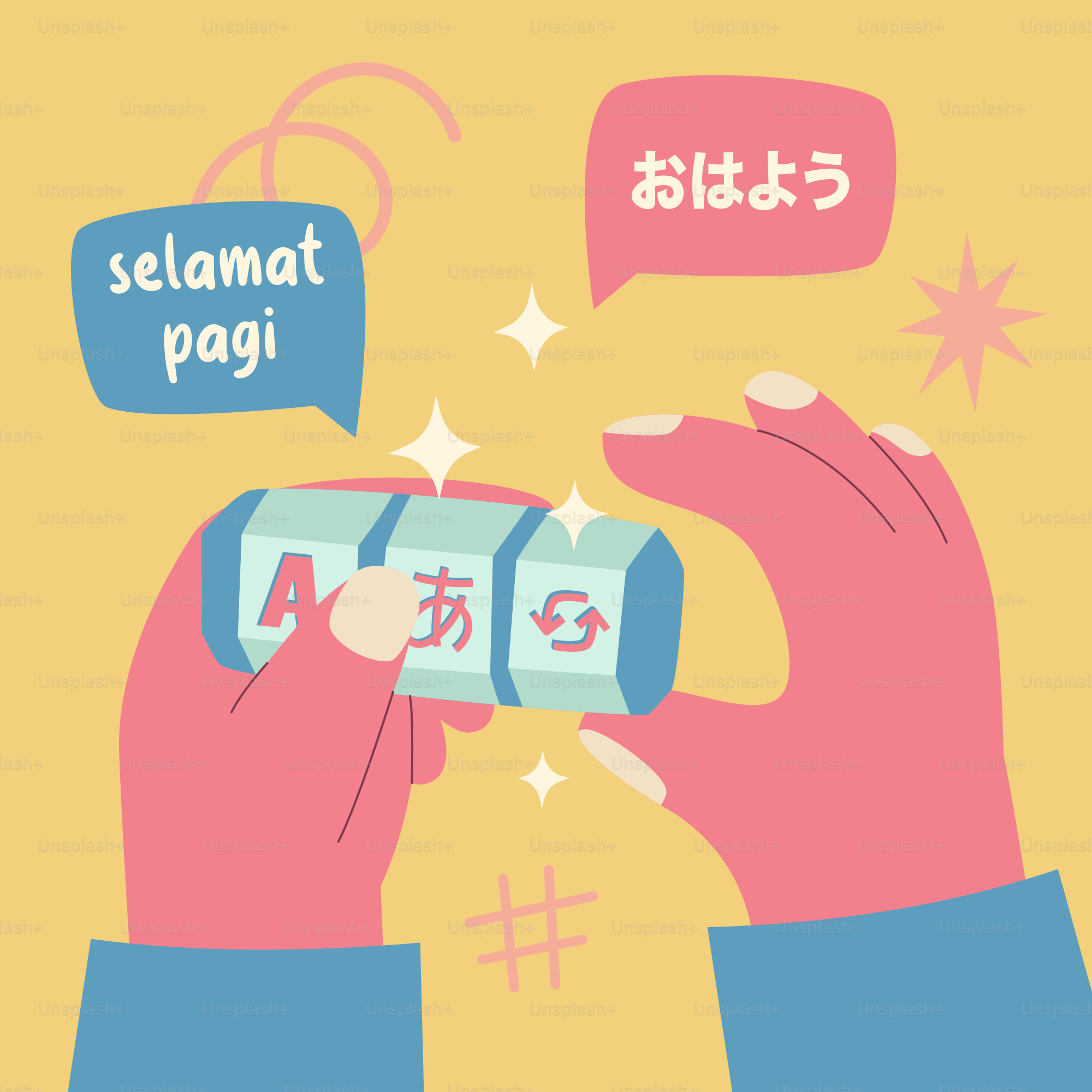 Tangan memegang perangkat terjemahan dengan bahasa yang berbeda.