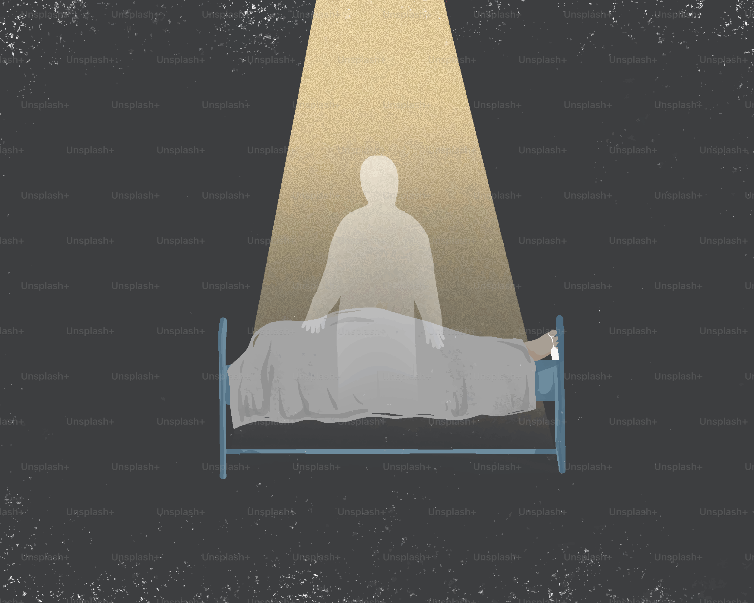 Spirit leaving body in bed under light beam