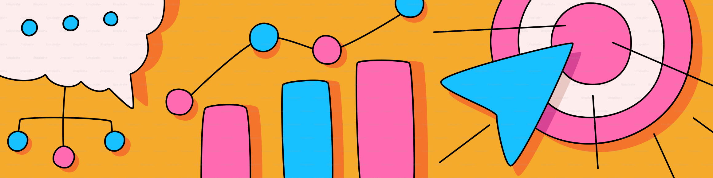 Bar graph, target, and cursor on orange background