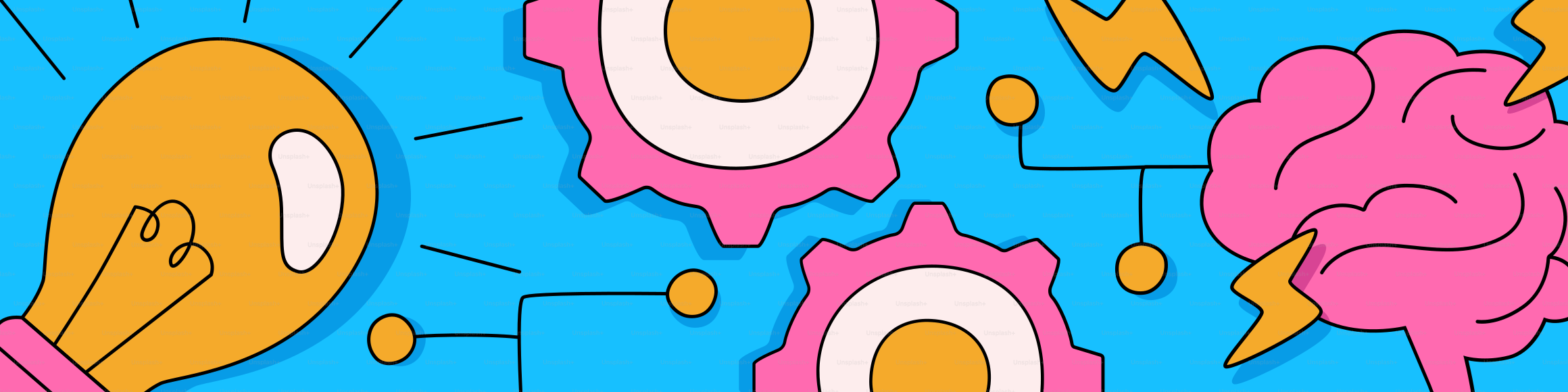 Lightbulb, gears, and brain with lightning bolts