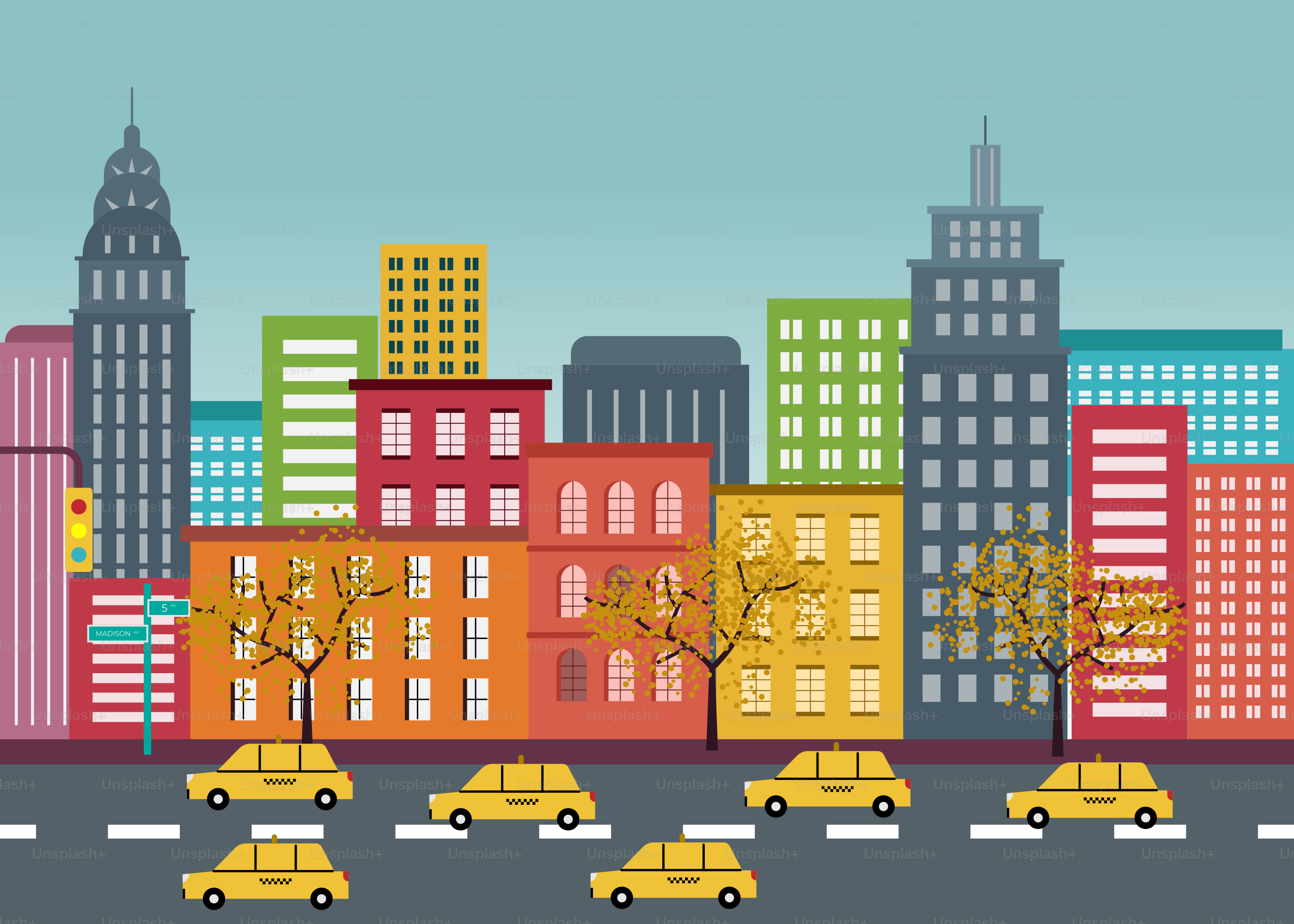 Yellow taxis drive on a street with city buildings.