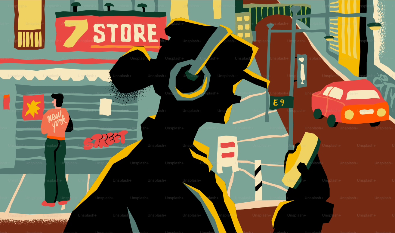 Person with headphones looking at phone in city