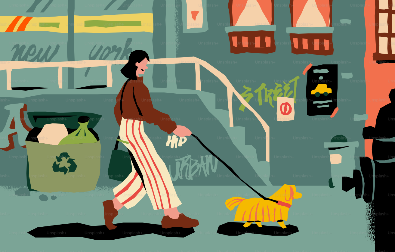 Woman walking a small yellow dog on a leash.