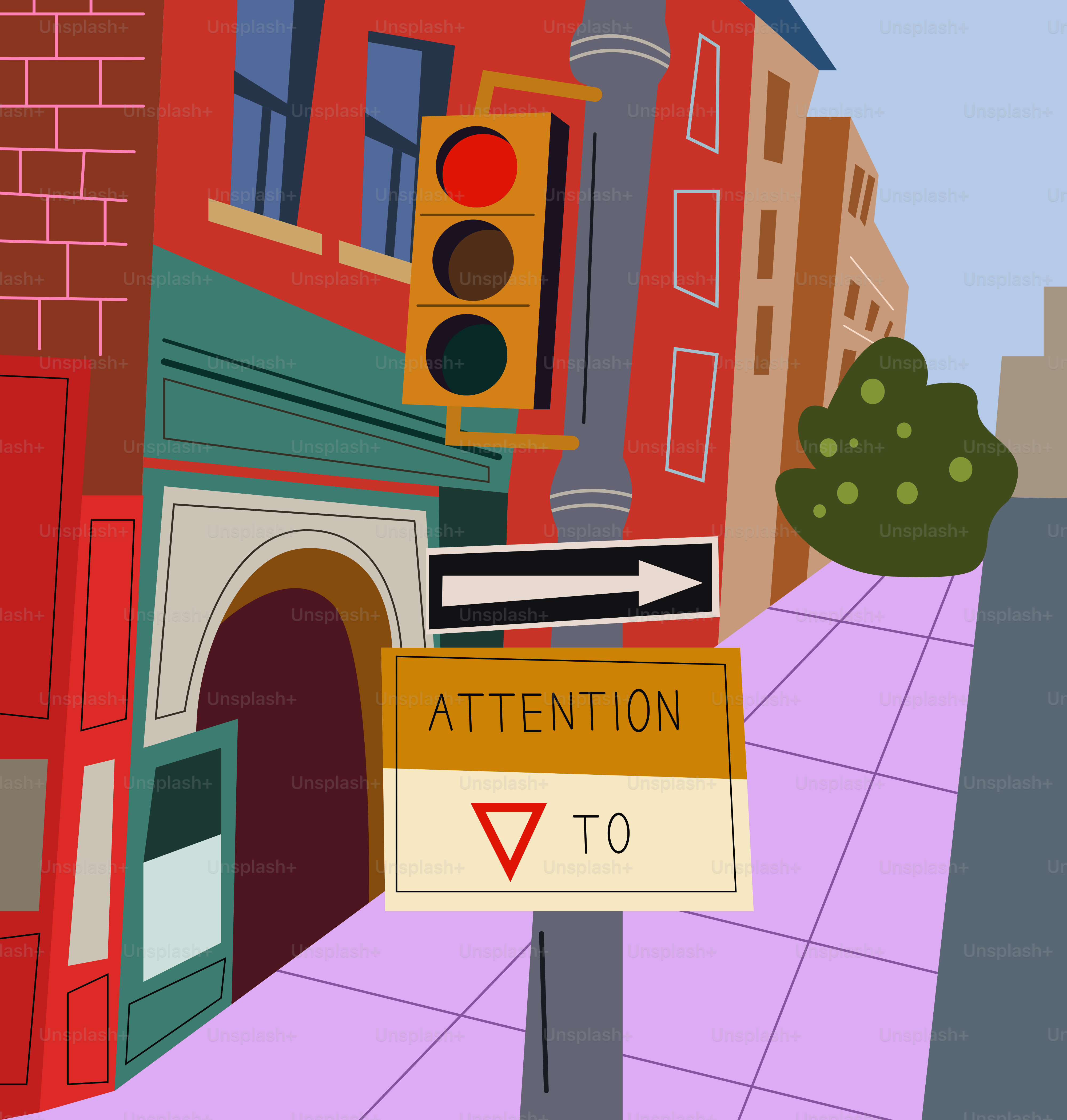 Street corner with traffic light and signs.