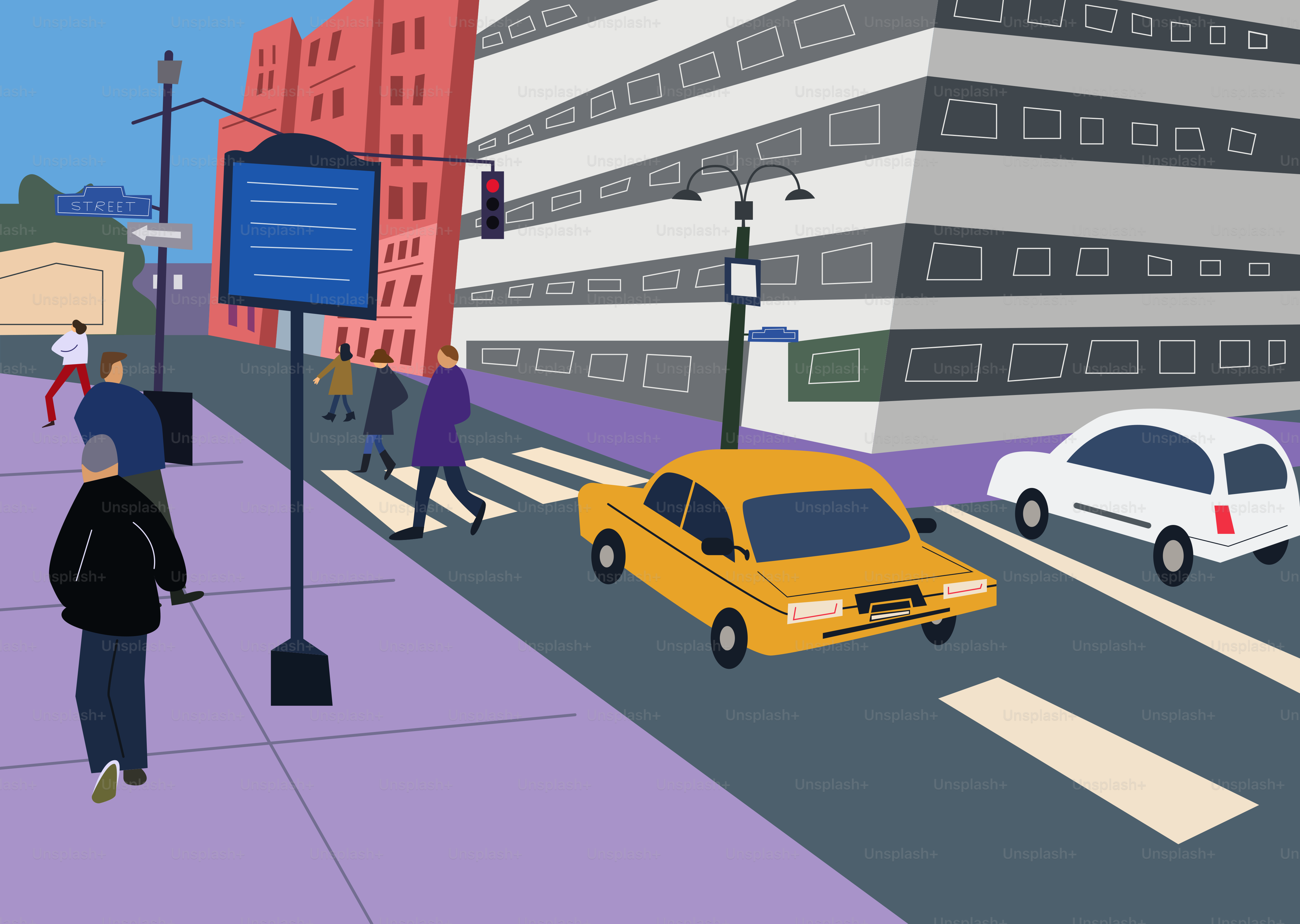 City street with pedestrians and cars at crosswalk.