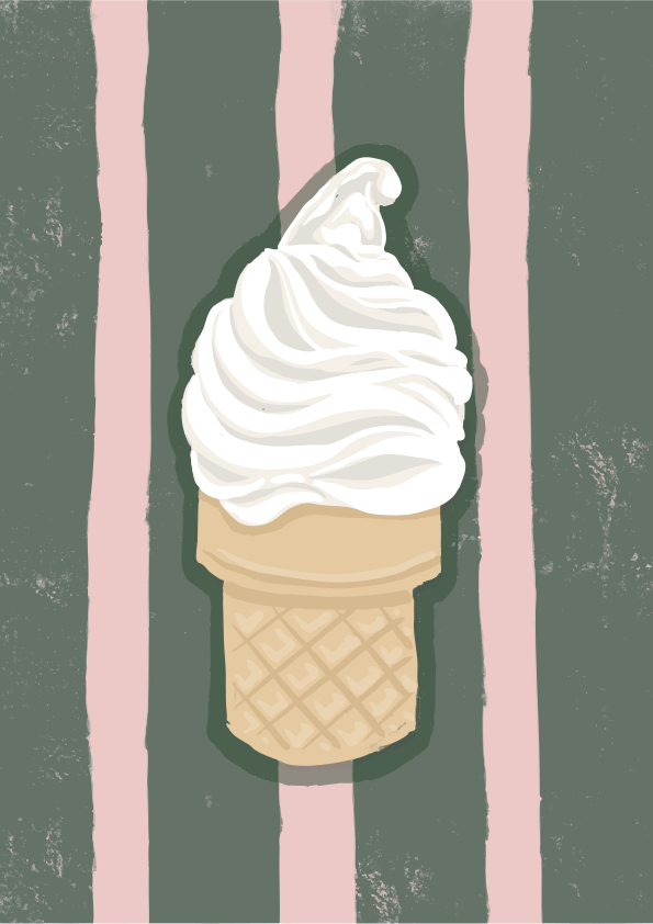 A soft serve ice cream cone on striped background